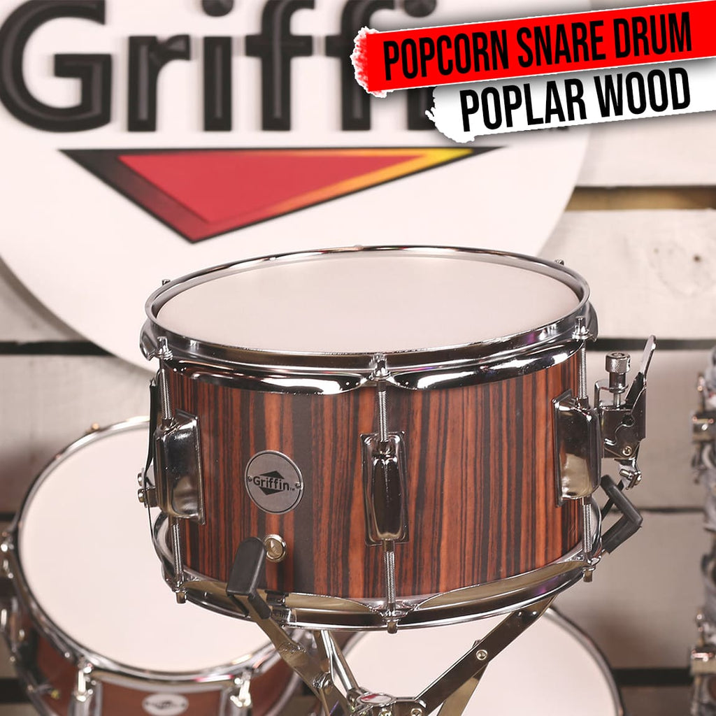 GRIFFIN Firecracker Snare Drum | Acoustic Popcorn 10" x 6" Poplar Mini Wood Shell & Black Hickory PVC | Concert Marching Percussion Musical Instrument with Deluxe Snare Throw Off, Drummers Key & Head GeekStands.com