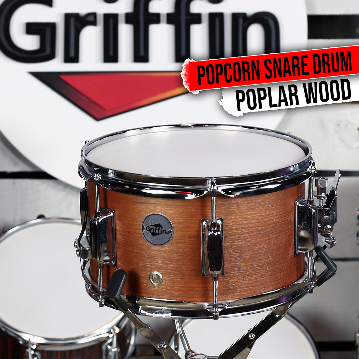 Popcorn Snare Drum by GRIFFIN | Soprano Firecracker 10" x 6" Poplar Wood Shell with Hickory PVC | Concert Percussion Musical Instrument with Drummers Kit Key & Deluxe Snare Strainer Throw Off Set GeekStands.com