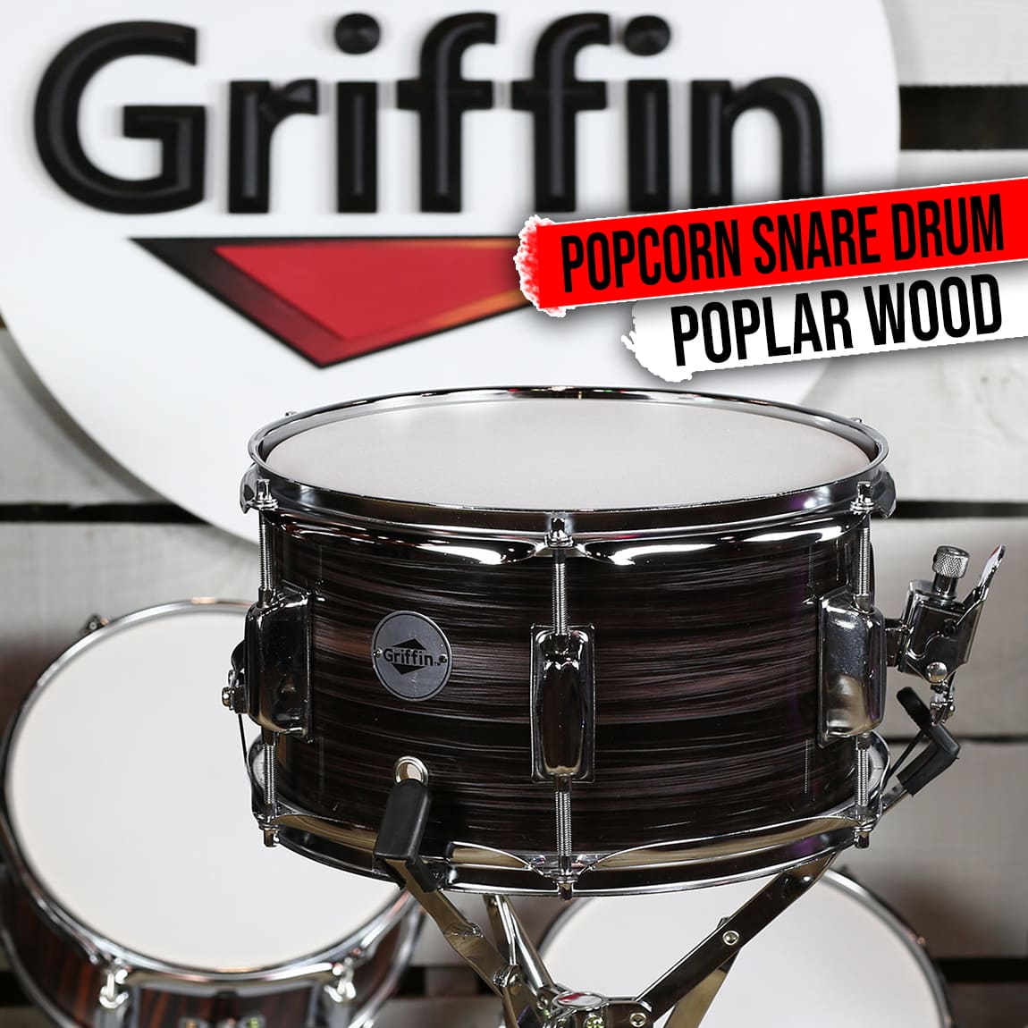 Popcorn Snare Drum by GRIFFIN | Firecracker Acoustic 10" x 6" Poplar Shell with Zebra Wood PVC | Soprano Mini Concert Marching Percussion Musical Instrument with Snare Throw Off, Drummers Key & Head GeekStands.com