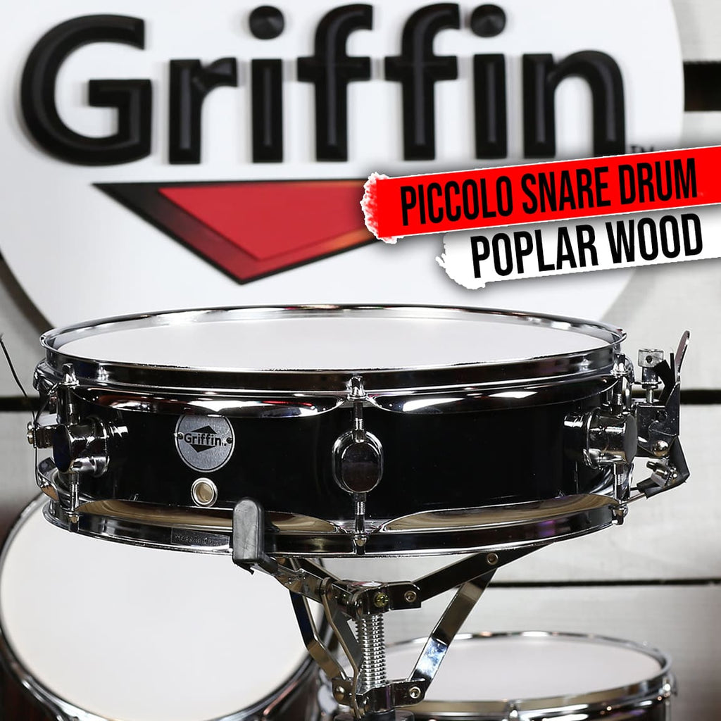 Piccolo Snare Drum 13" x 3.5" by GRIFFIN | 100% Poplar Wood Shell with Black PVC & White Coated Drum Head | Drummers Acoustic Marching Kit Percussion Instrument with Snare Strainer Throw Off Set GeekStands.com