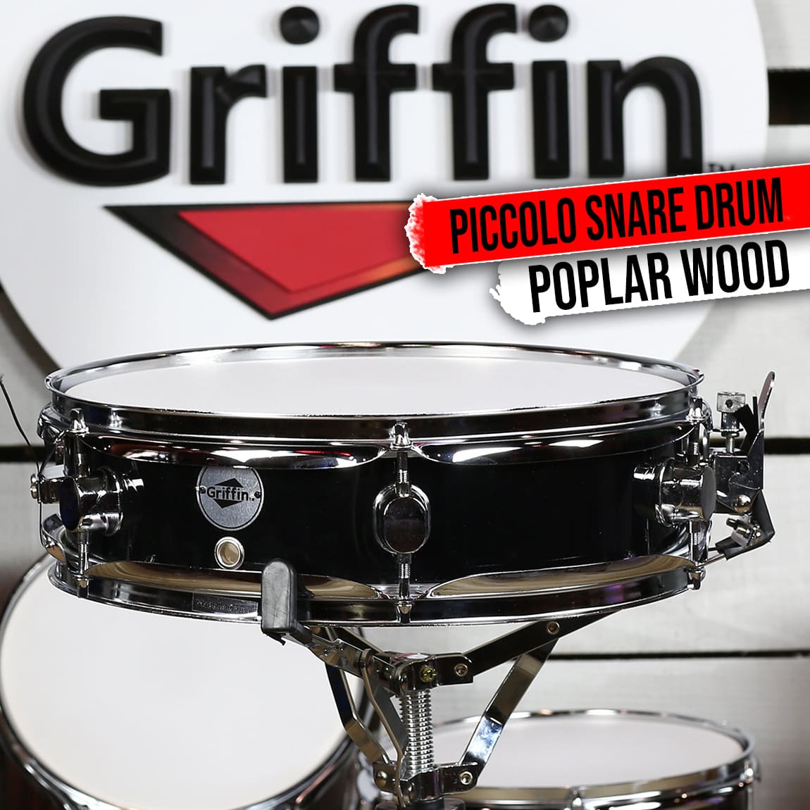 Piccolo Snare Drum 13" x 3.5" by GRIFFIN | 100% Poplar Wood Shell with Black PVC & White Coated Drum Head | Drummers Acoustic Marching Kit Percussion Instrument with Snare Strainer Throw Off Set GeekStands.com