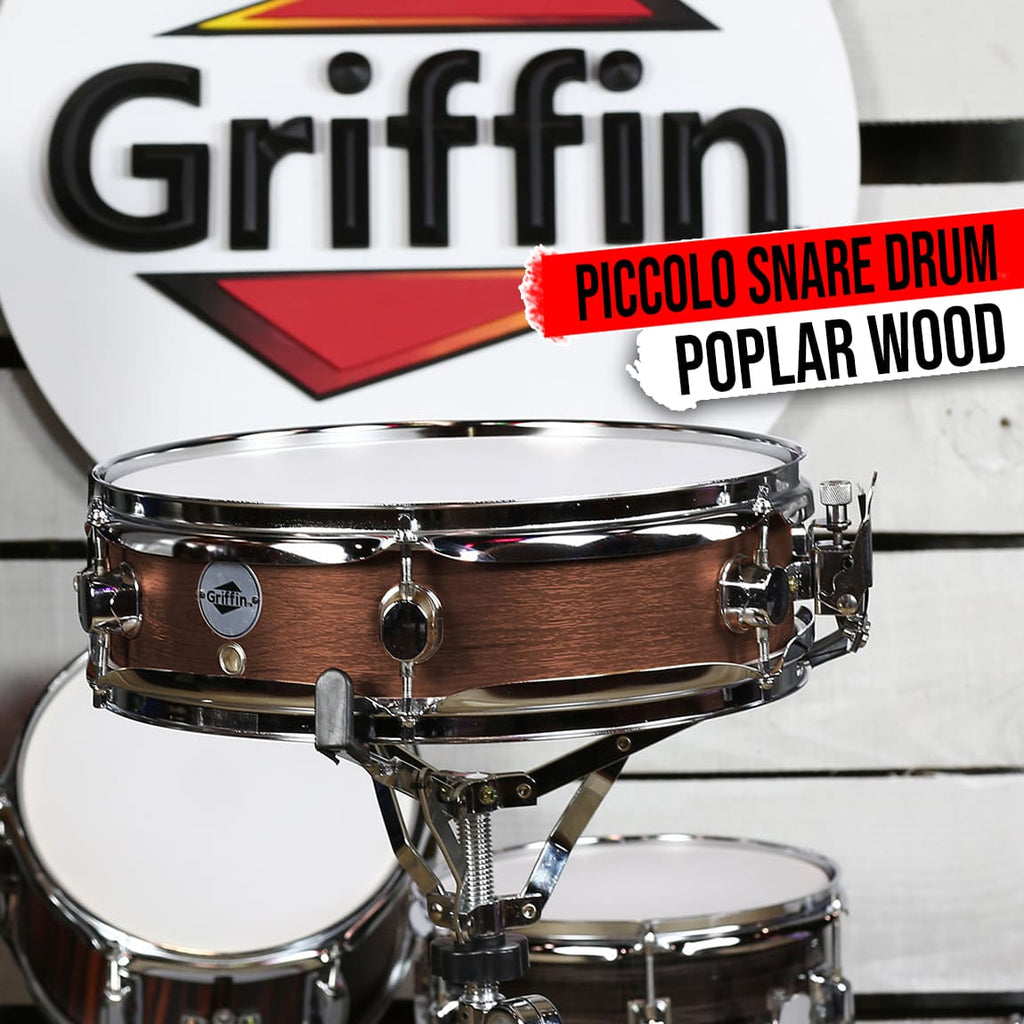 Piccolo Snare Drum 13" x 3.5" by GRIFFIN | 100% Poplar Wood Shell with Flat Hickory Finish & Coated Drum Head | Drummers Acoustic Marching Kit Percussion Instrument with Snare Strainer Throw Off Set GeekStands.com