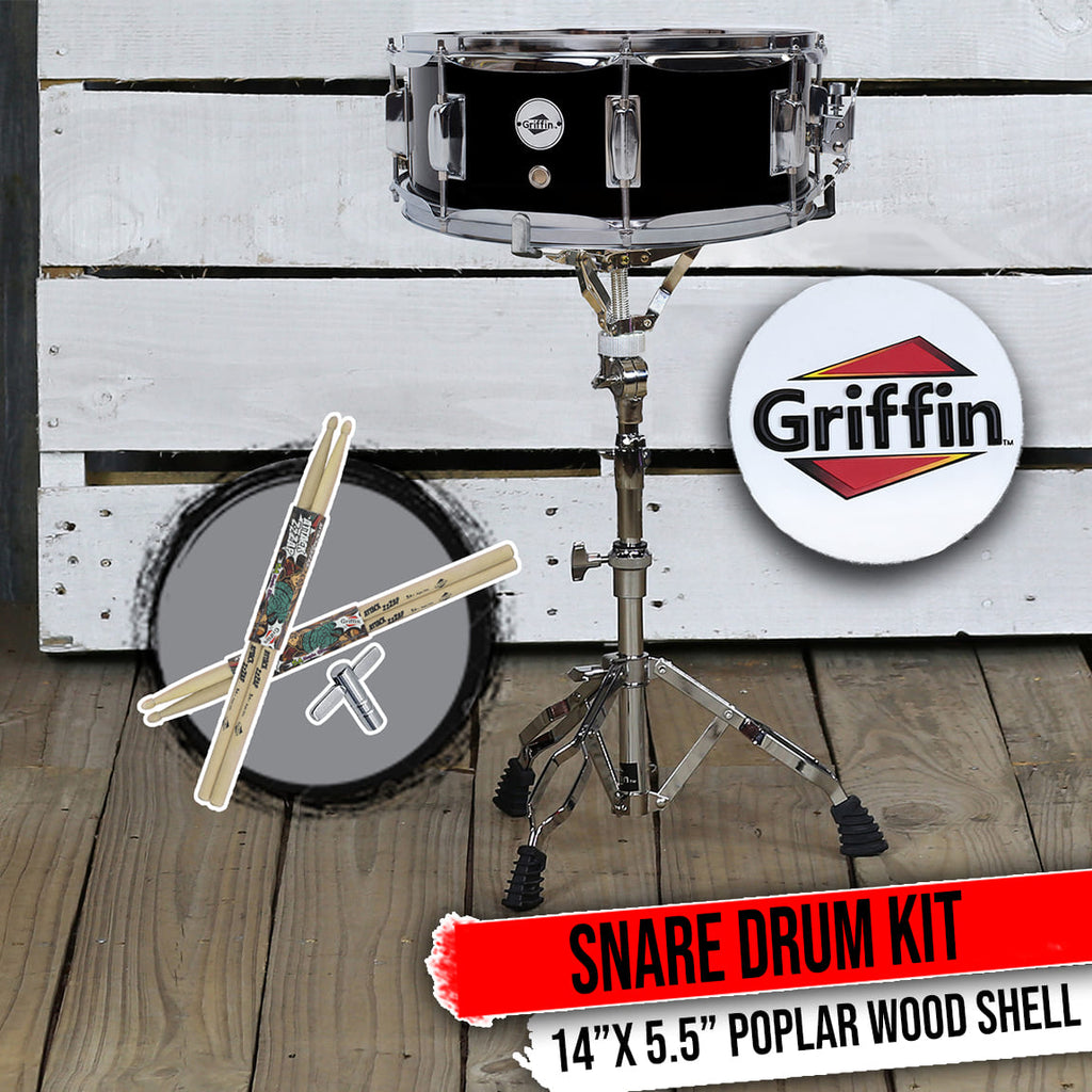 GRIFFIN Snare Drum Kit with Snare Stand, 2 Pairs of Drum Sticks & Drum Key | Wood Shell Drum Set, Maple Sticks, Chrome Holder Acoustic Marching Percussion Musical Instrument Practice Package GeekStands.com