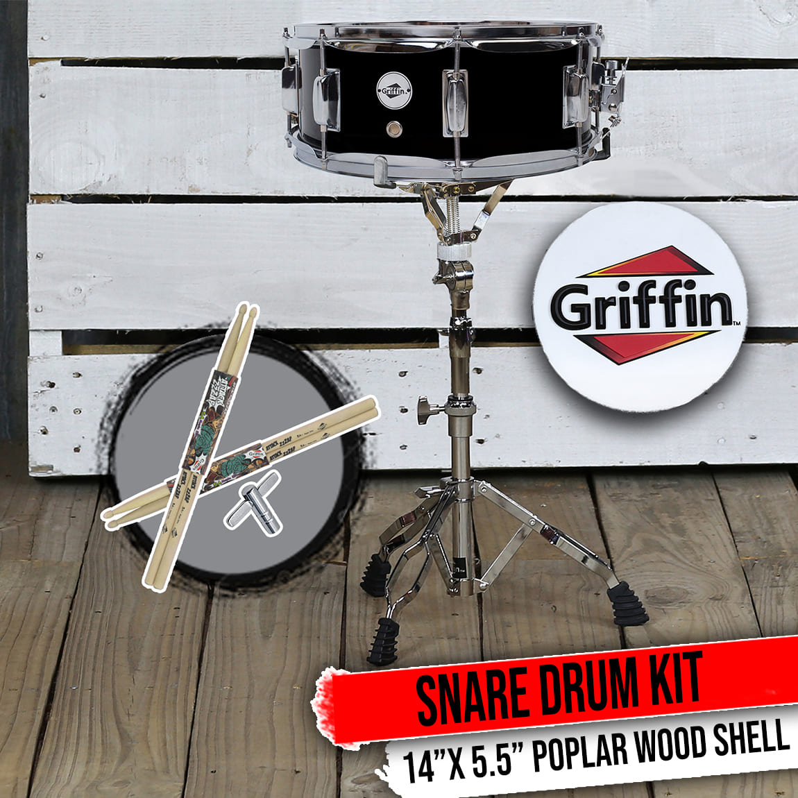 GRIFFIN Snare Drum Kit with Snare Stand, 2 Pairs of Drum Sticks & Drum Key | Wood Shell Drum Set, Maple Sticks, Chrome Holder Acoustic Marching Percussion Musical Instrument Practice Package GeekStands.com