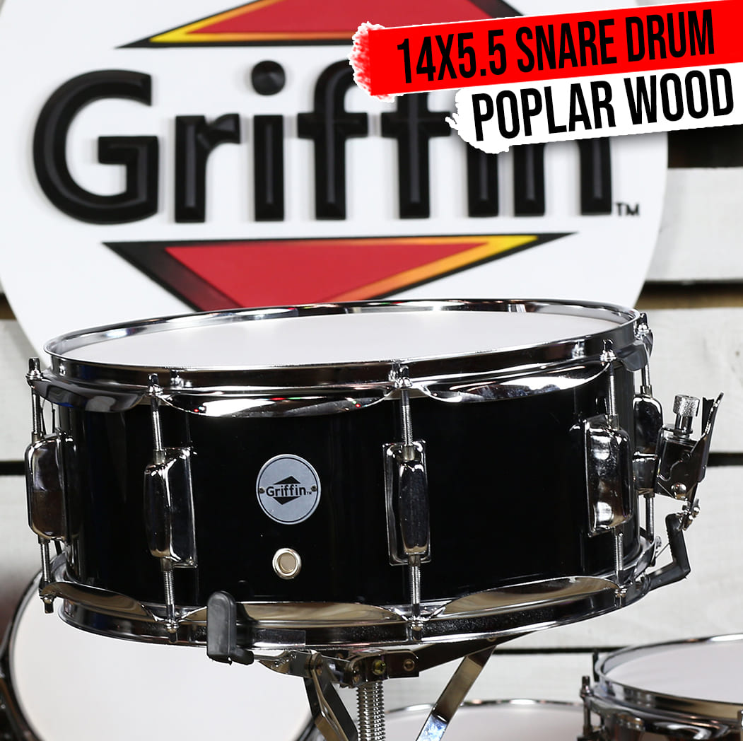 GRIFFIN Snare Drum | Poplar Wood Shell 14" x 5.5" with Black PVC & Coated Head | Acoustic Marching Percussion Musical Instrument Set with Drummers Key, 8 Metal Tuning Lugs & Snare Strainer Throw Off GeekStands.com