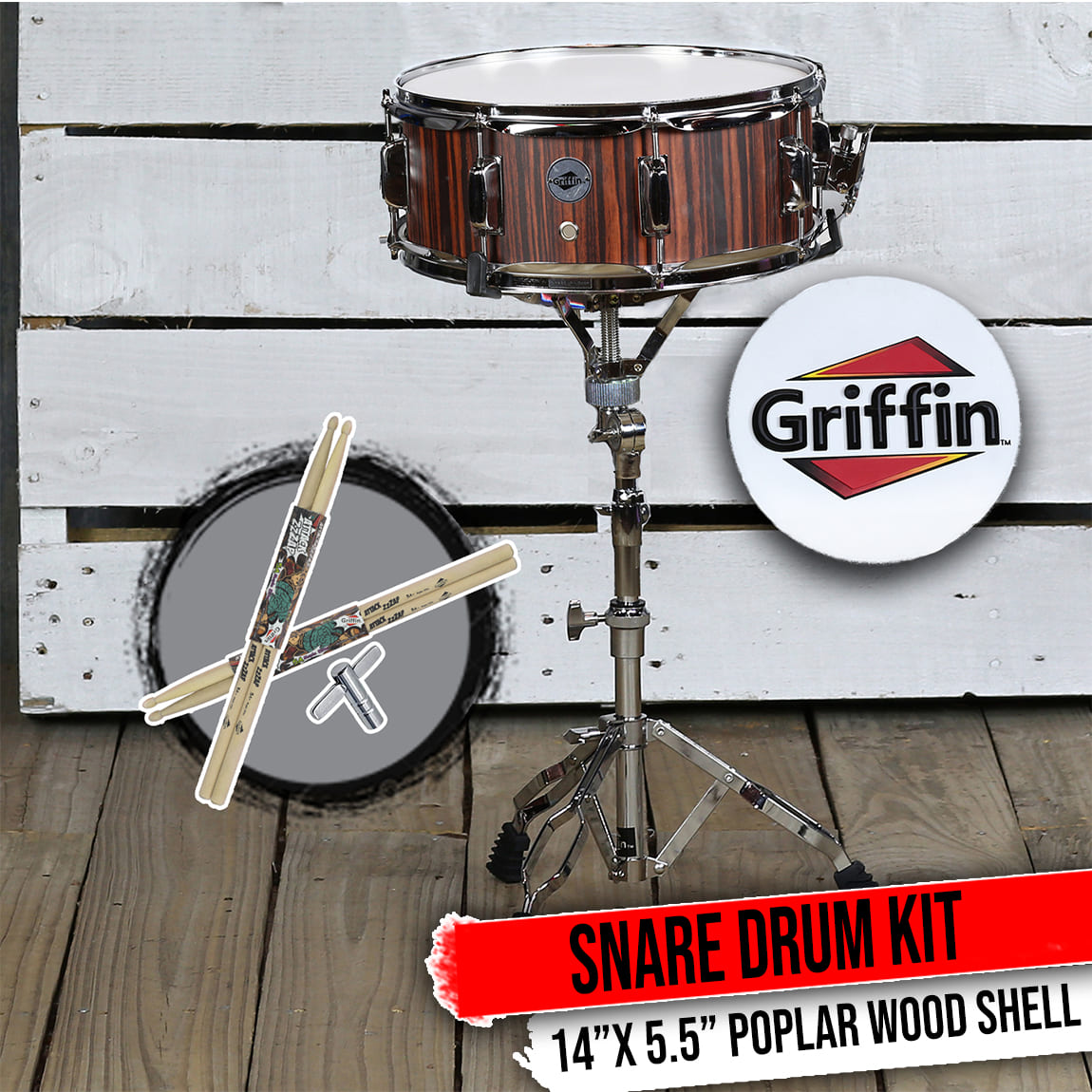 Snare Drum Set by GRIFFIN - Includes Snare Stand, 2 Pairs of Maple Drum Sticks & Drum Key | Wood Shell Drum Set, Chrome Holder Acoustic Marching Percussion Musical Instrument Practice Package GeekStands.com
