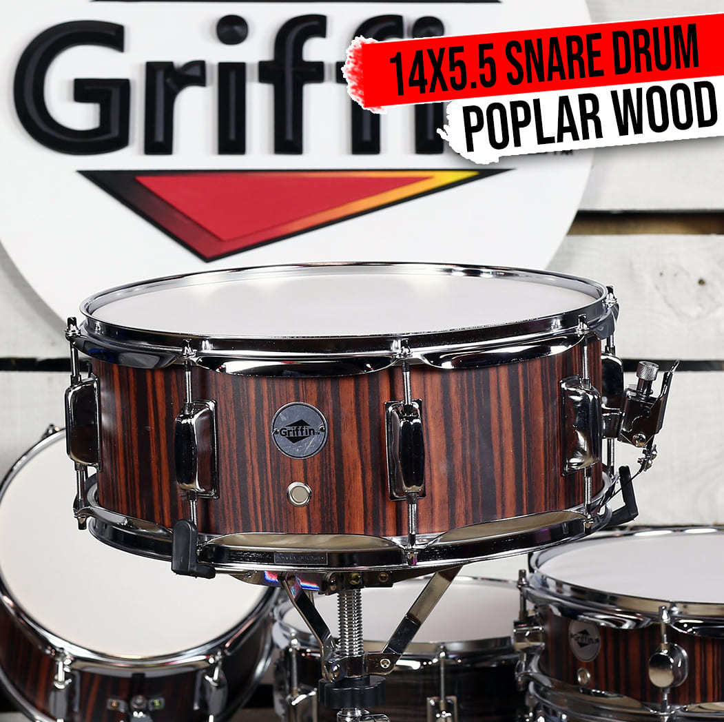 Snare Drum by GRIFFIN | 14" x 5.5"  Black Hickory PVC & Coated Head on Poplar Wood Shell | Acoustic Marching Percussion Instrument Set, Drummers Key, 8 Metal Tuning Lugs & Snare Strainer Throw Off Kit GeekStands.com