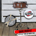 GRIFFIN Snare Drum Package with Snare Stand, 2 Pairs of Drum Sticks & Drum Key | Snare Kit with Poplar Wood Shell 14" x 5.5" with Flat Hickory PVC | 8 Metal Tuning Lugs & Snare Strainer Throw Off GeekStands.com