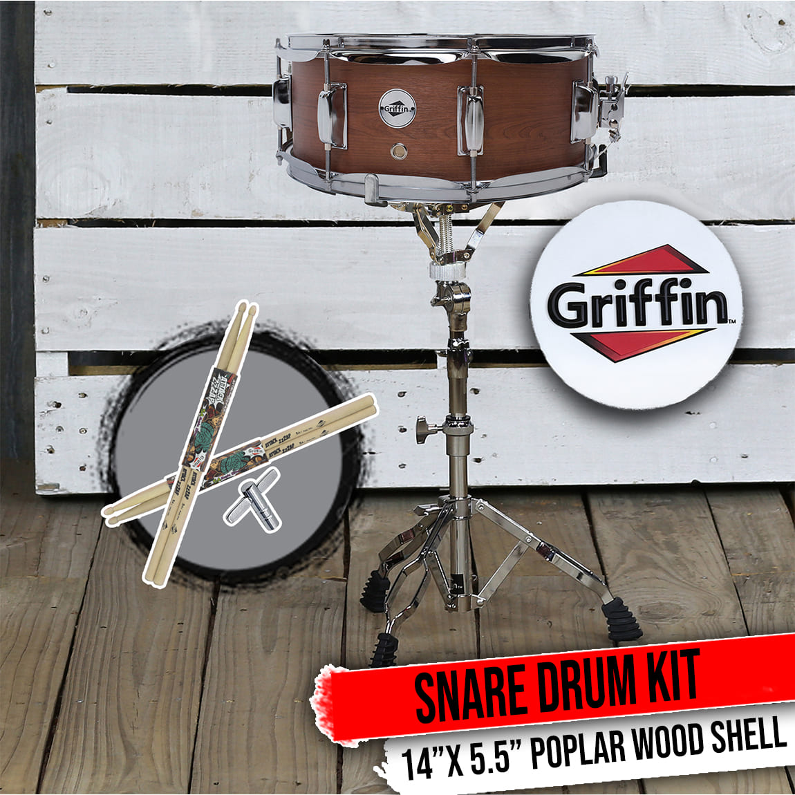 GRIFFIN Snare Drum Package with Snare Stand, 2 Pairs of Drum Sticks & Drum Key | Snare Kit with Poplar Wood Shell 14" x 5.5" with Flat Hickory PVC | 8 Metal Tuning Lugs & Snare Strainer Throw Off GeekStands.com