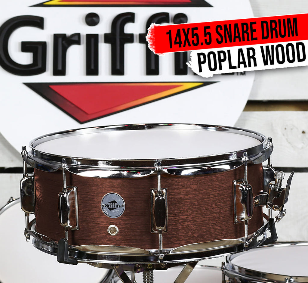 GRIFFIN Snare Drum | Poplar Wood Shell 14" x 5.5" with Flat Hickory PVC | 8 Metal Tuning Lugs & Snare Strainer Throw Off | Percussion Instrument with Drummers Key, Coated Head | Marching Kit Set GeekStands.com