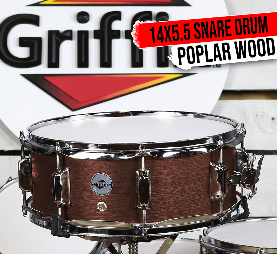 GRIFFIN Snare Drum | Poplar Wood Shell 14" x 5.5" with Flat Hickory PVC | 8 Metal Tuning Lugs & Snare Strainer Throw Off | Percussion Instrument with Drummers Key, Coated Head | Marching Kit Set GeekStands.com