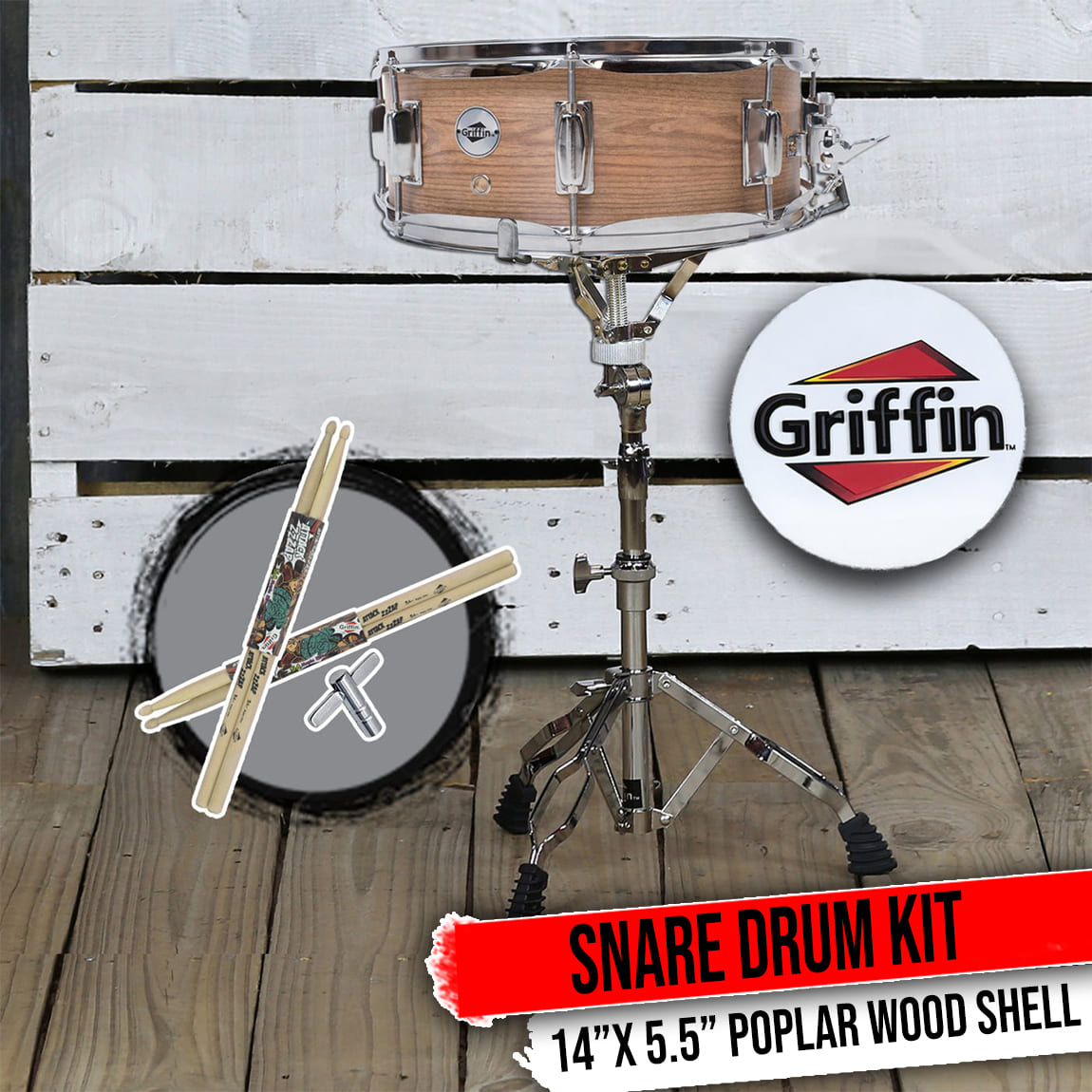 GRIFFIN Snare Drum Kit with Snare Stand, 2 Pairs of Maple Drum Sticks & Drum Key | Wood Shell Drum Set, Percussion Musical Instrument Practice Package | 8 Metal Tuning Lugs & Snare Strainer Throw Off GeekStands.com