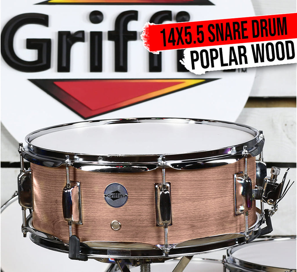 Oak Wood Snare Drum by GRIFFIN | PVC on Poplar Wood Shell 14" x 5.5" | Percussion Musical Instrument with Drummers Key for Students & Professionals|8 Tuning Lugs & Deluxe Snare Strainer GeekStands.com
