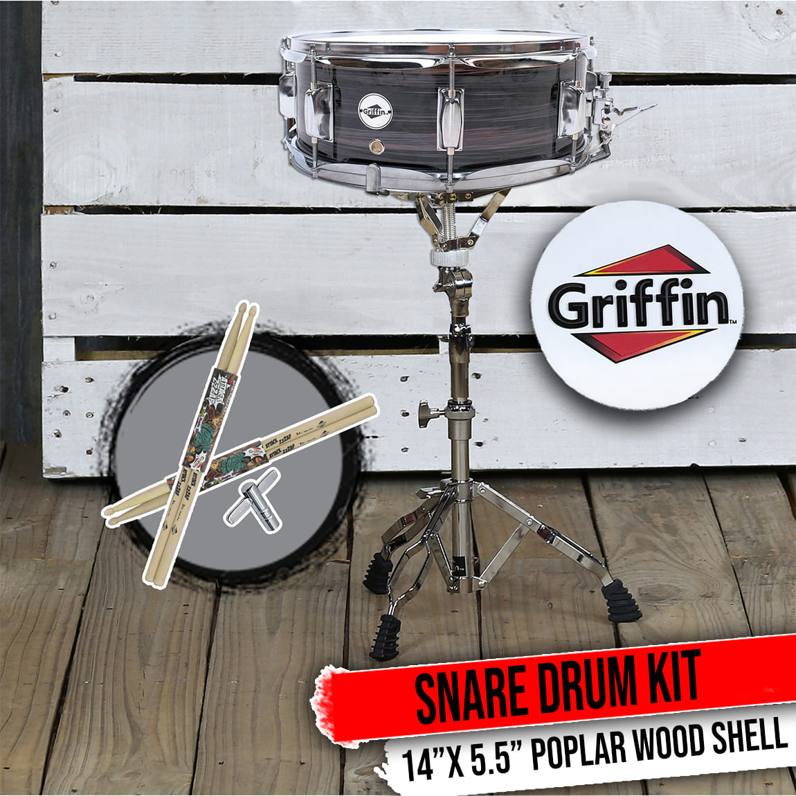 Snare Drum Kit by GRIFFIN | Includes Snare Stand, 2 Pairs of Maple Drum Sticks & Drum Key | 14" x 5.5" Poplar Shell | Percussion Musical Instrument Practice Package for Students & Professionals GeekStands.com