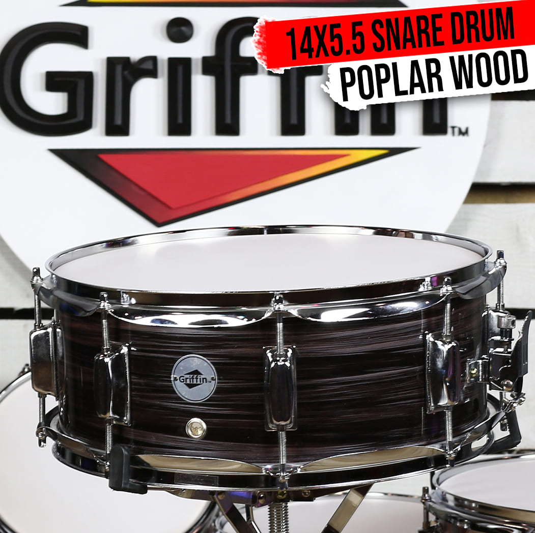 Deluxe Snare Drum by GRIFFIN | 14" x 5.5" Poplar Wood Shell with Zebra PVC Glossy Finish | Percussion Musical Instrument with Drummers Key for Students & Professionals | 8 Tuning Lugs & Snare Strainer GeekStands.com