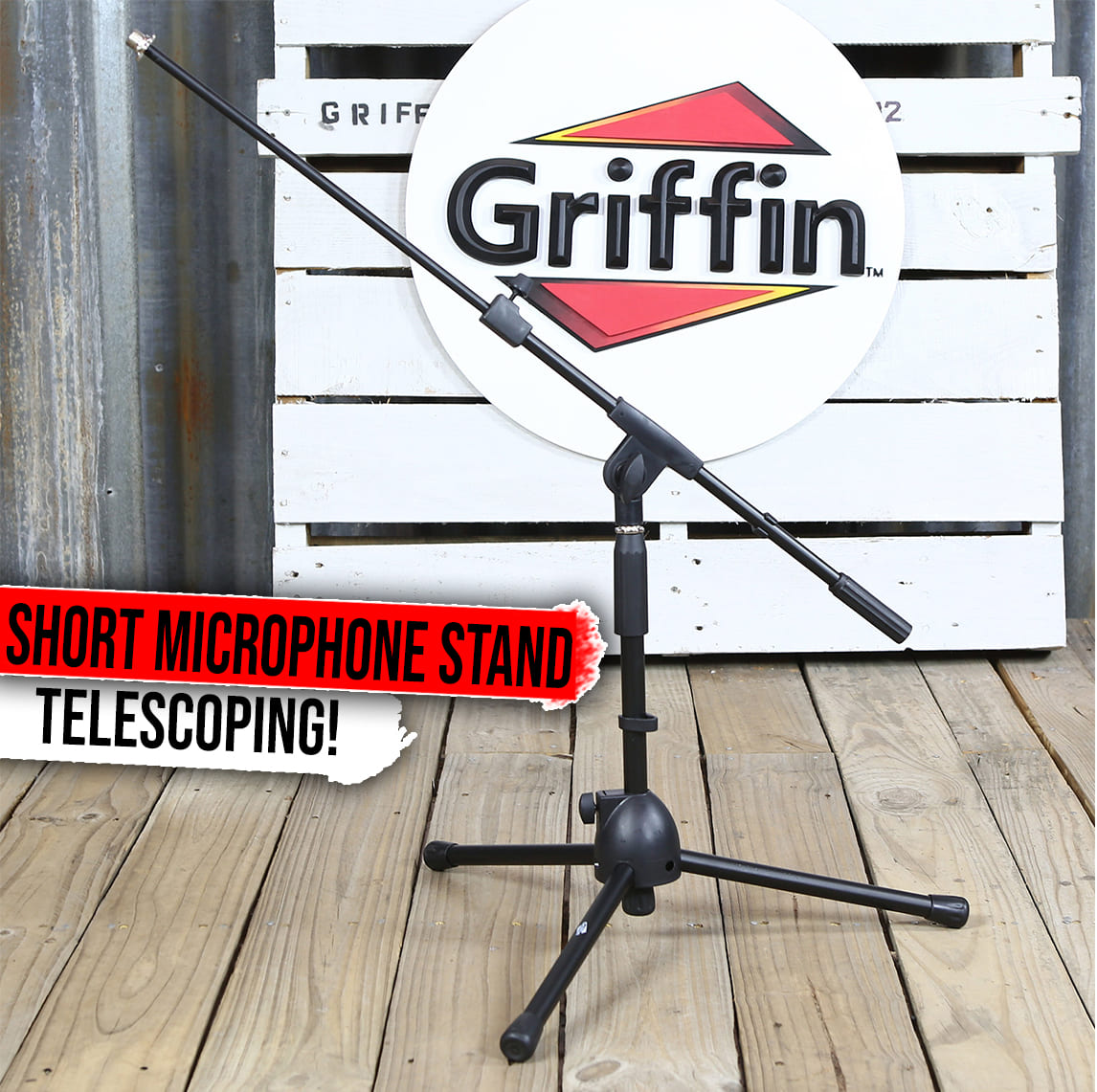 Short Microphone Stand with Boom Arm by GRIFFIN | Low Profile Tripod Mic Stand Mount for Kick Bass Drum, Studio Desktop Recording, Singing, & Guitar Amplifiers | Small Height Telescoping Boom Holder GeekStands.com
