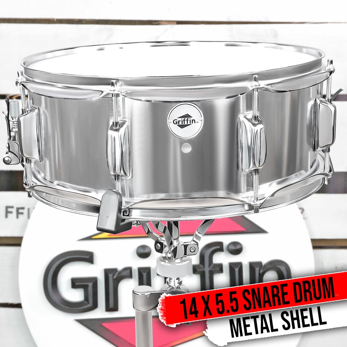 Metal Snare Drum by GRIFFIN | 14" x 5.5" inch Steel Chrome Shell | 8 Tuning Lugs & Snare Throw Off Strainer Set | Musical Instrument Kit & Drummers Key | Marching Percussion Hardware & Drum White Head GeekStands.com