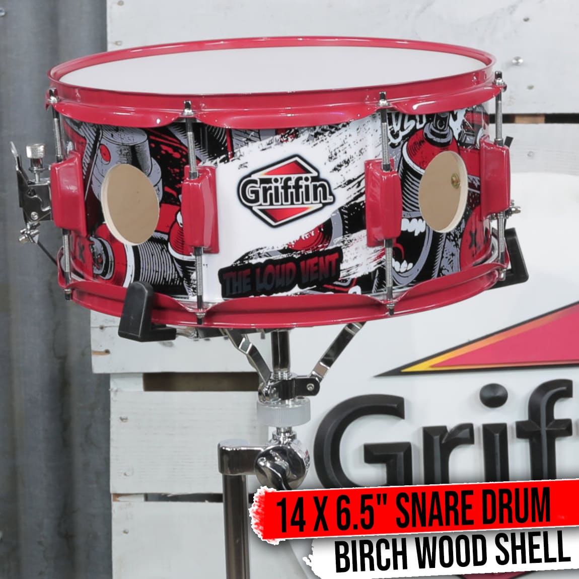 GRIFFIN Snare Drum Birch Wood Shell 14 X 6.5 Inch | Oversize 2.5" Large Vents & Custom Graphic Wrap (Limited Edition) | Red Hardware & Marching Drummers Key for Students & Pros | 8 Metal Tuning Lugs GeekStands.com