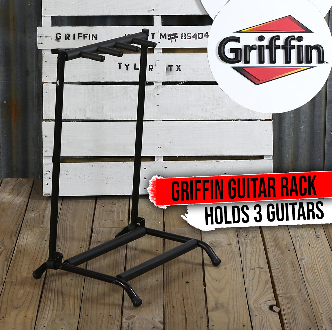 Three Guitar Rack Stand by GRIFFIN | Floor Storage Holder for Multiple Guitars | Neck Mount Support For Electric, Acoustic Bass, Accessories | Recording Studios, Schools, Stage Performers, Wall Hanger GeekStands.com