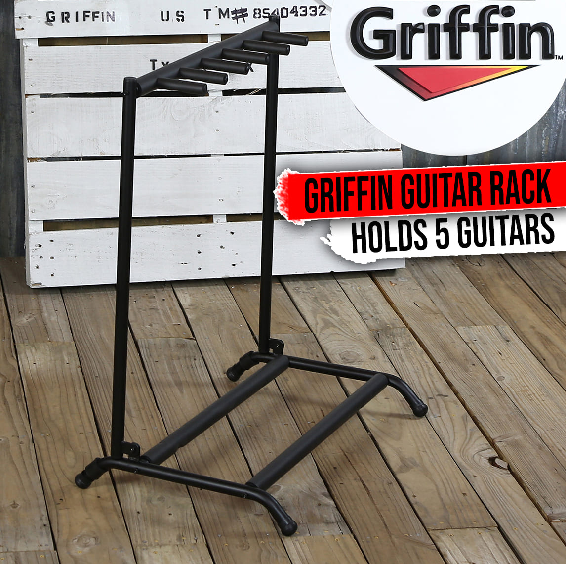 Five Guitar Rack Stand by GRIFFIN | Holder for 5 Guitars & Folds Up For Easy Transport | Neoprene Tubing Accessories | Ideal For Music Bands, Recording Studios, Schools, Stage Performers & Artists GeekStands.com