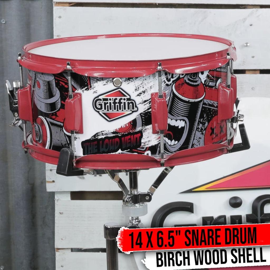 Snare Drum by GRIFFIN | Birch Wood Shell 14"x6.5" with Custom Graphic Wrap (Limited Edition) | Percussion Acoustic Musical Instrument Kit & Drummers Key | 8 Metal Lugs, Head Set & Strainer Throw Off GeekStands.com