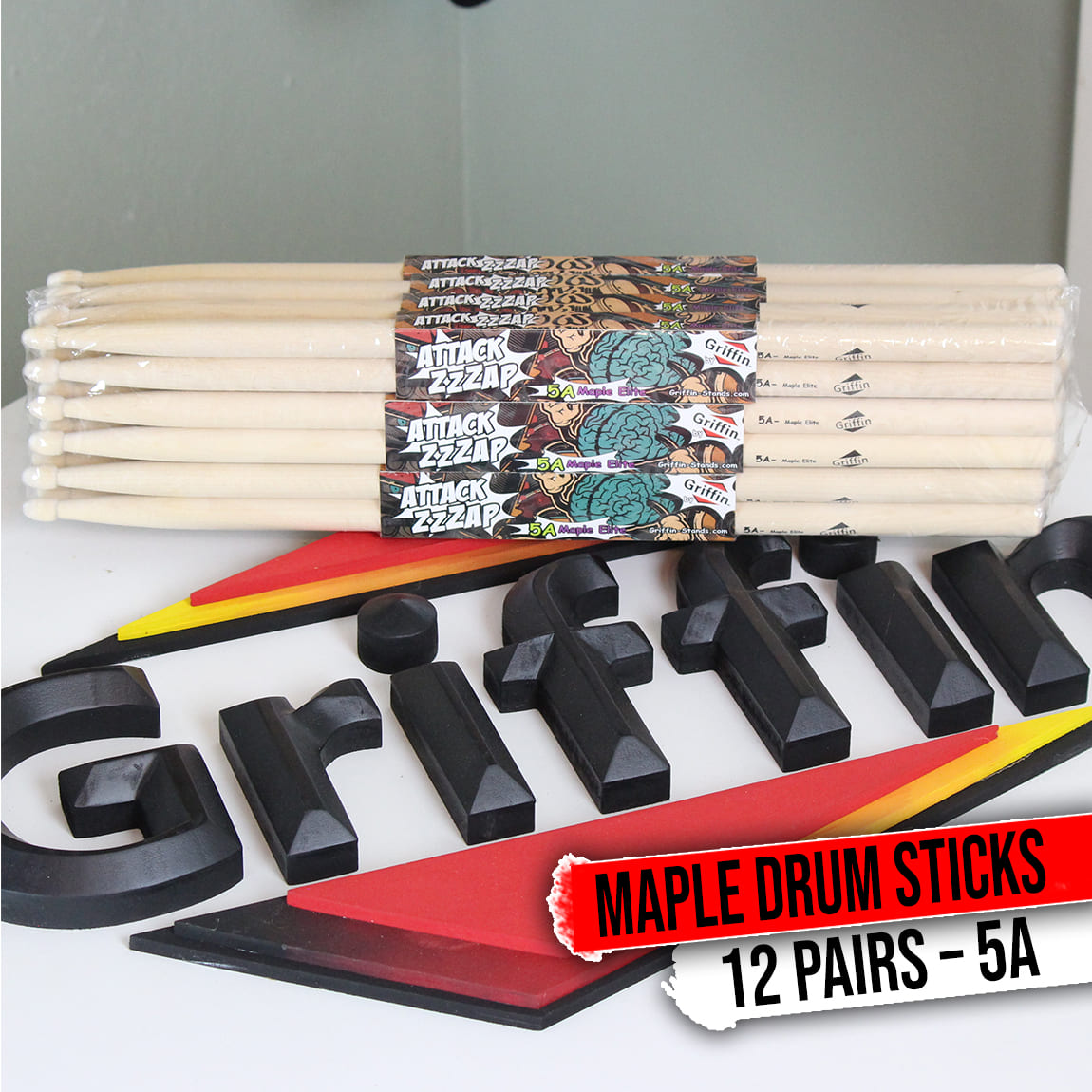 12 Pairs of Select Elite Maple Wood Drum Sticks by GRIFFIN Attack Zzzap - Size 5A Premium Balanced, Level and Straight - Drummers Percussion Classic Pure Grit Uncoated, Raw Wood Drumming Sticks GeekStands.com