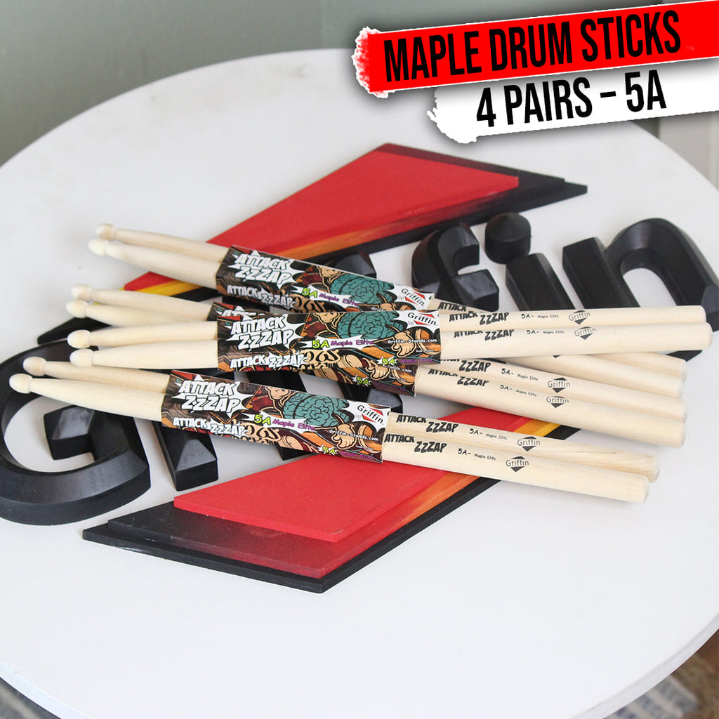 GRIFFIN Attack Zzzap Drum Sticks - 4 Pairs of Select Elite Maple Wood Size 5A - Premium Balanced, Level and Straight - Drummers Percussion Classic Pure Grit Uncoated, Raw Wood Drumming Sticks GeekStands.com