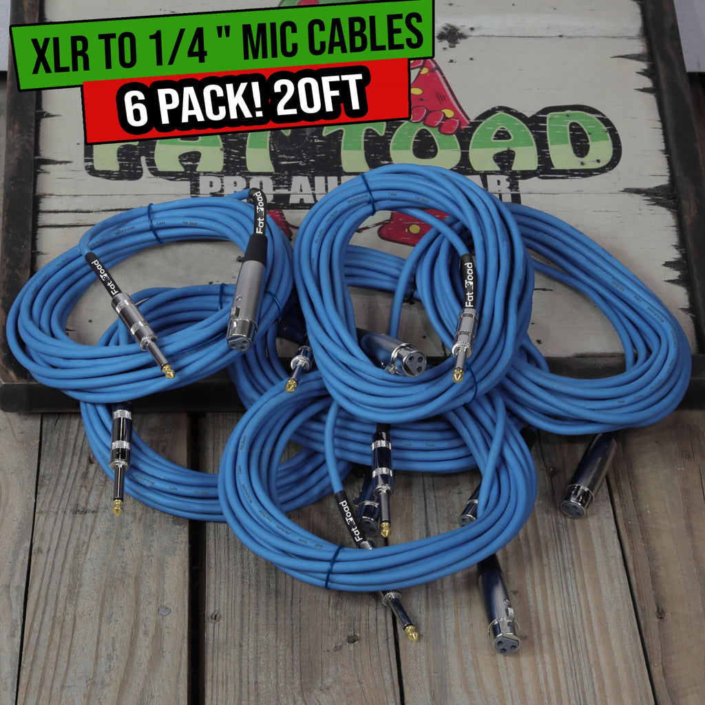 XLR Female to 1/4" Male Jack Microphone Cables (6 Pack) by FAT TOAD| 20ft Professional Pro Audio Mic Blue Cord Patch Lo-Z Connector | 24 Gauge Shielded, Balanced Wire for Impeccable DJ Audio Recording GeekStands.com