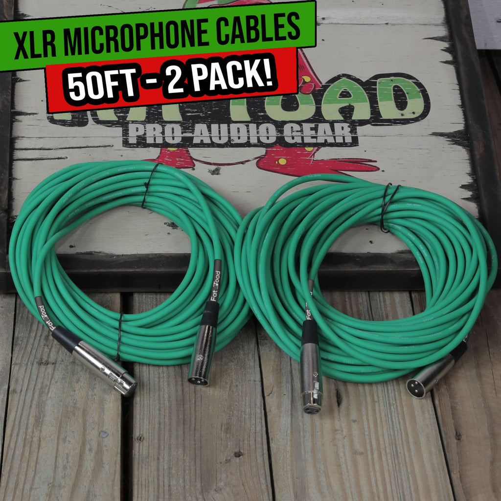 XLR Microphone Cables (2 Pack) by FAT TOAD | 50ft Pro Audio Green Mic Cord Patch Extension & Male to Female Lo-Z Connector | 24 AWG Shielded Wire & Balanced for Speakers, Recording Studio Mixer Gear GeekStands.com