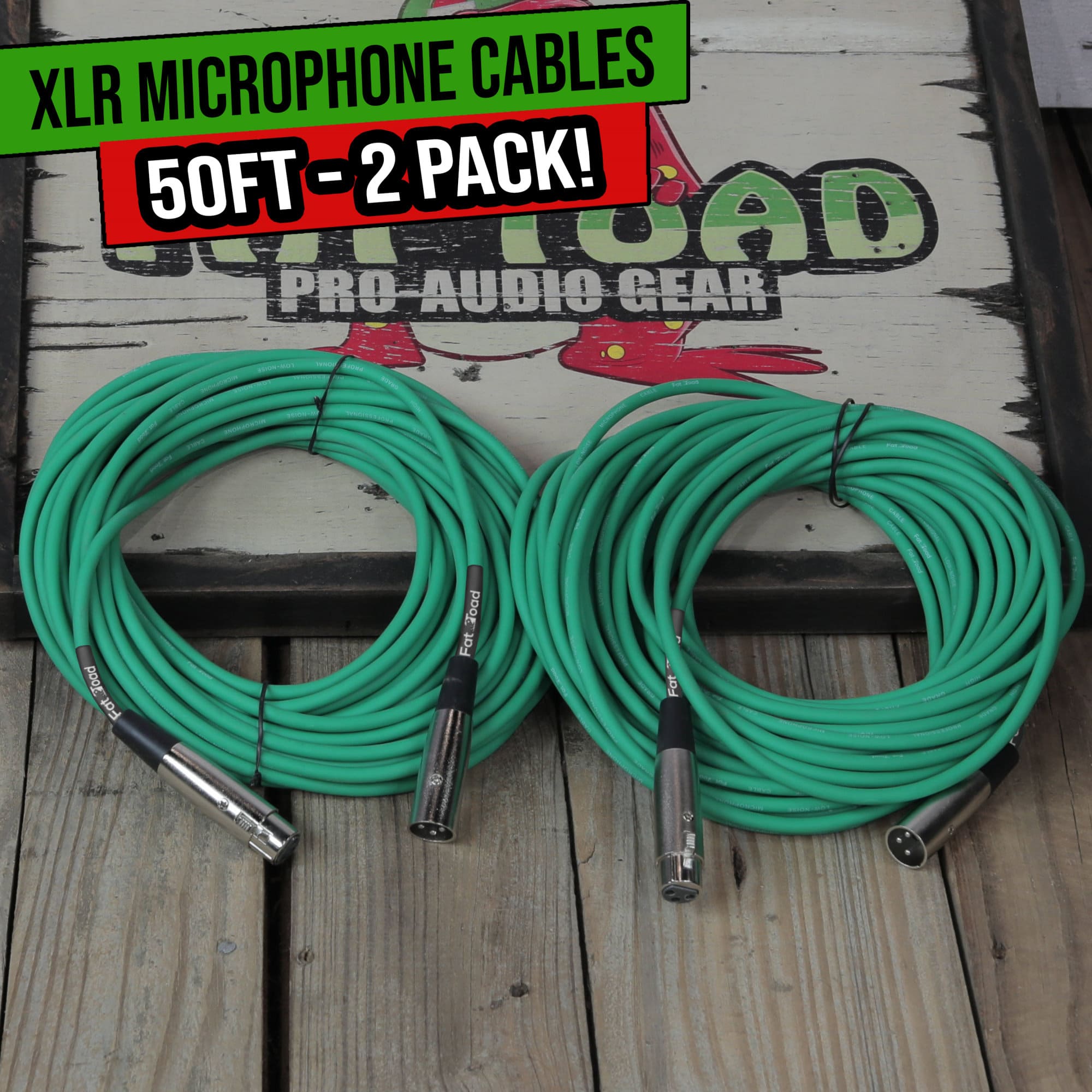 XLR Microphone Cables (2 Pack) by FAT TOAD | 50ft Pro Audio Green Mic Cord Patch Extension & Male to Female Lo-Z Connector | 24 AWG Shielded Wire & Balanced for Speakers, Recording Studio Mixer Gear GeekStands.com