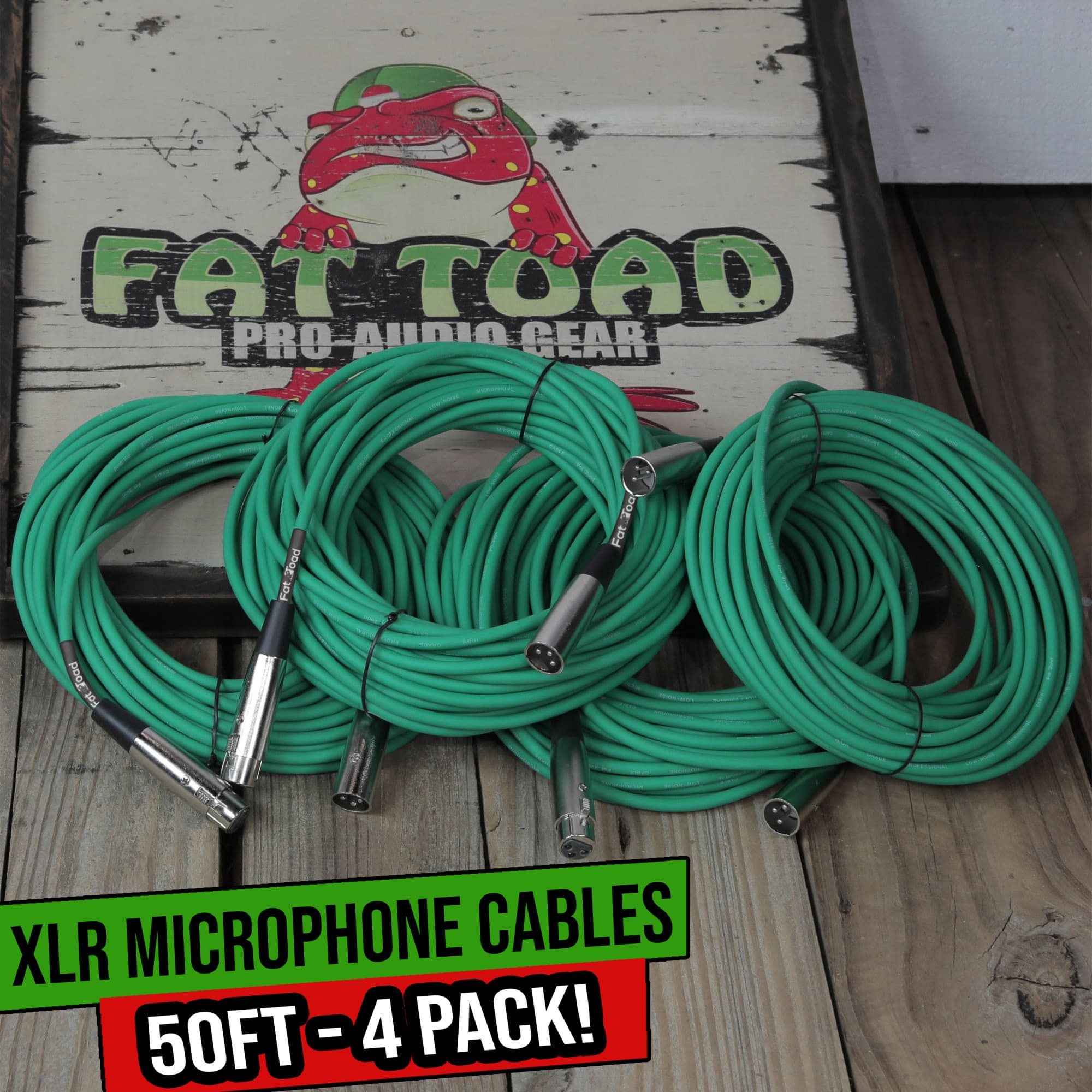 XLR Microphone Cables (4 Pack) by FAT TOAD | 50ft Professional Pro Audio Green Mic Cord Extension Patch with Lo-Z Connector | 24 AWG Shielded Wire & Balanced for Music Recording Studio Mixer Gear GeekStands.com