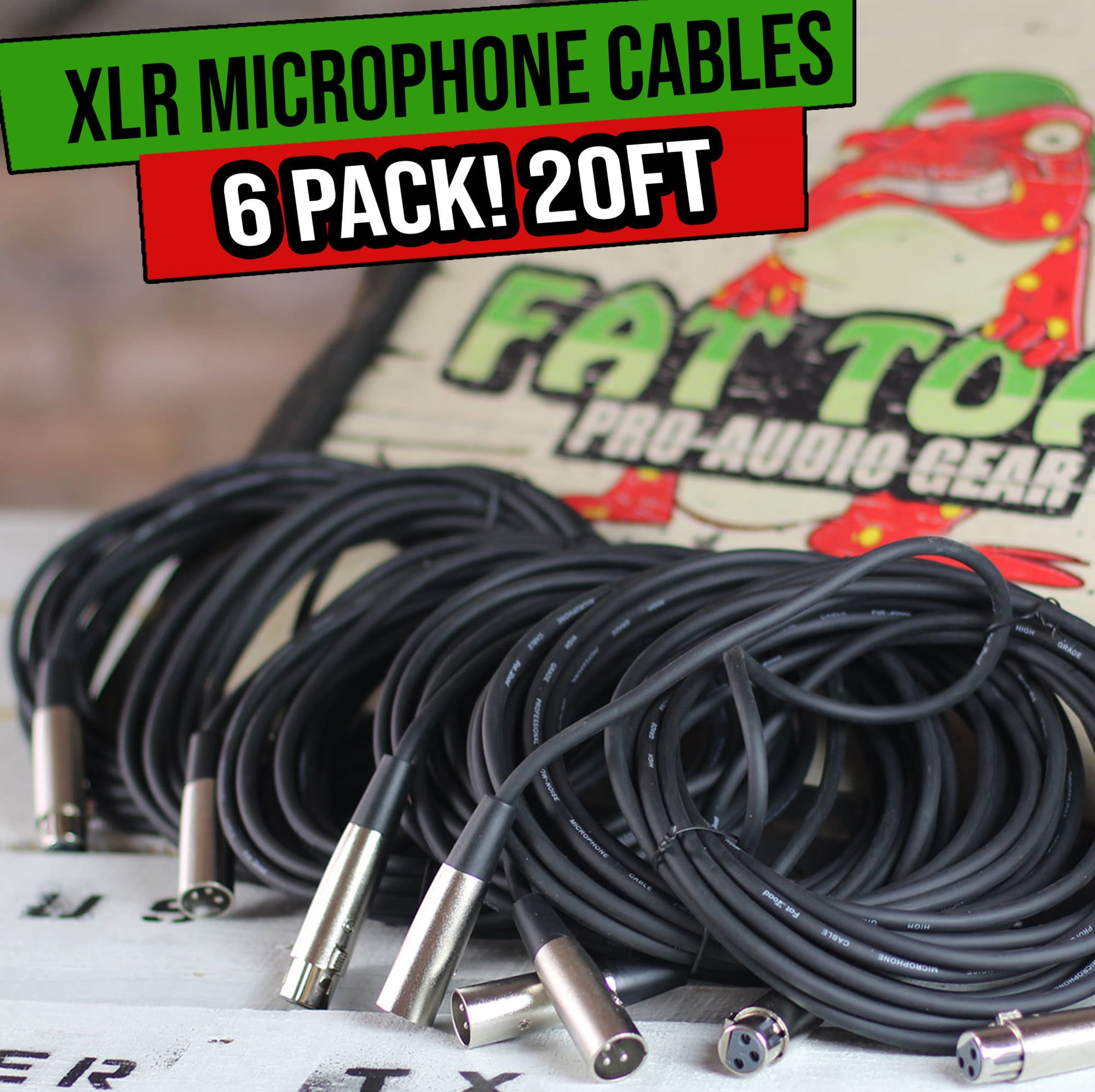 XLR Microphone Cables (6 Pack) by FAT TOAD | 20ft Pro Audio Mic Cord Patch Extension with Lo-Z Connector | 24 AWG Shielded Wire & Balanced for Recording Studio Mixer, Speakers or Live Sound Stage Gear GeekStands.com