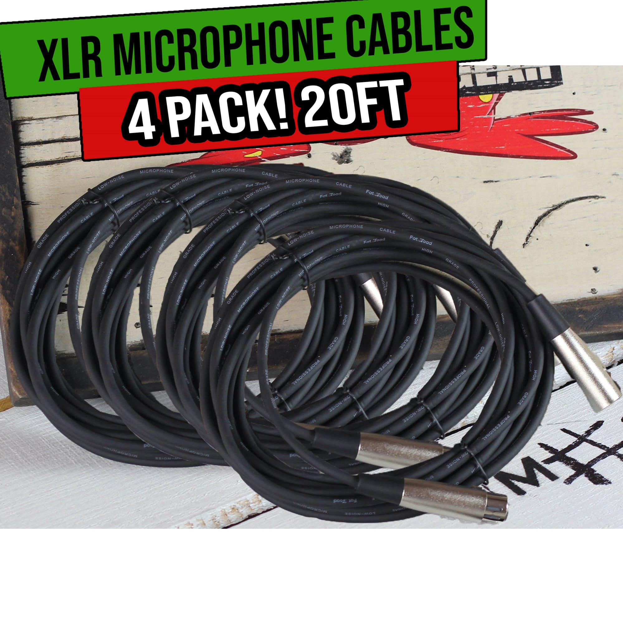 Microphone Cables by FAT TOAD | (4 Pack) 20ft Pro Audio XLR Mic Cord Patch Extension with Female & Male Connector | 24 AWG Shielded Wire & Balanced for Recording Studio Mixer | Live Sound Stage Gear GeekStands.com