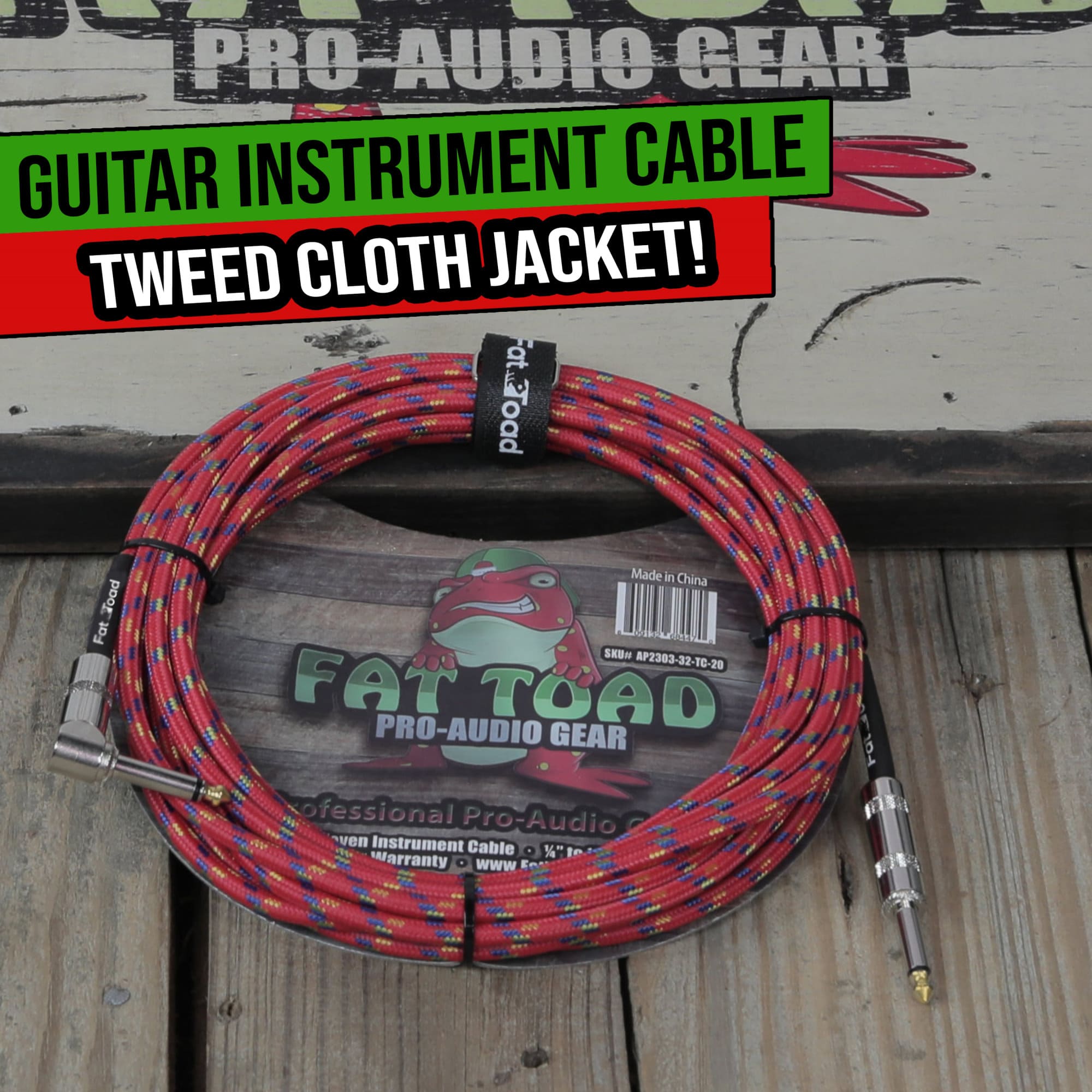 Guitar Cable Right Angled to 1/4 Straight-End Instrument Cord Tweed Cloth Jacket by FAT TOAD | Braided Woven 20FT Quarter Inch Gold Jack TS for Electric Guitar, Bass, Keyboards | Shielded 24 AWG Patch GeekStands.com