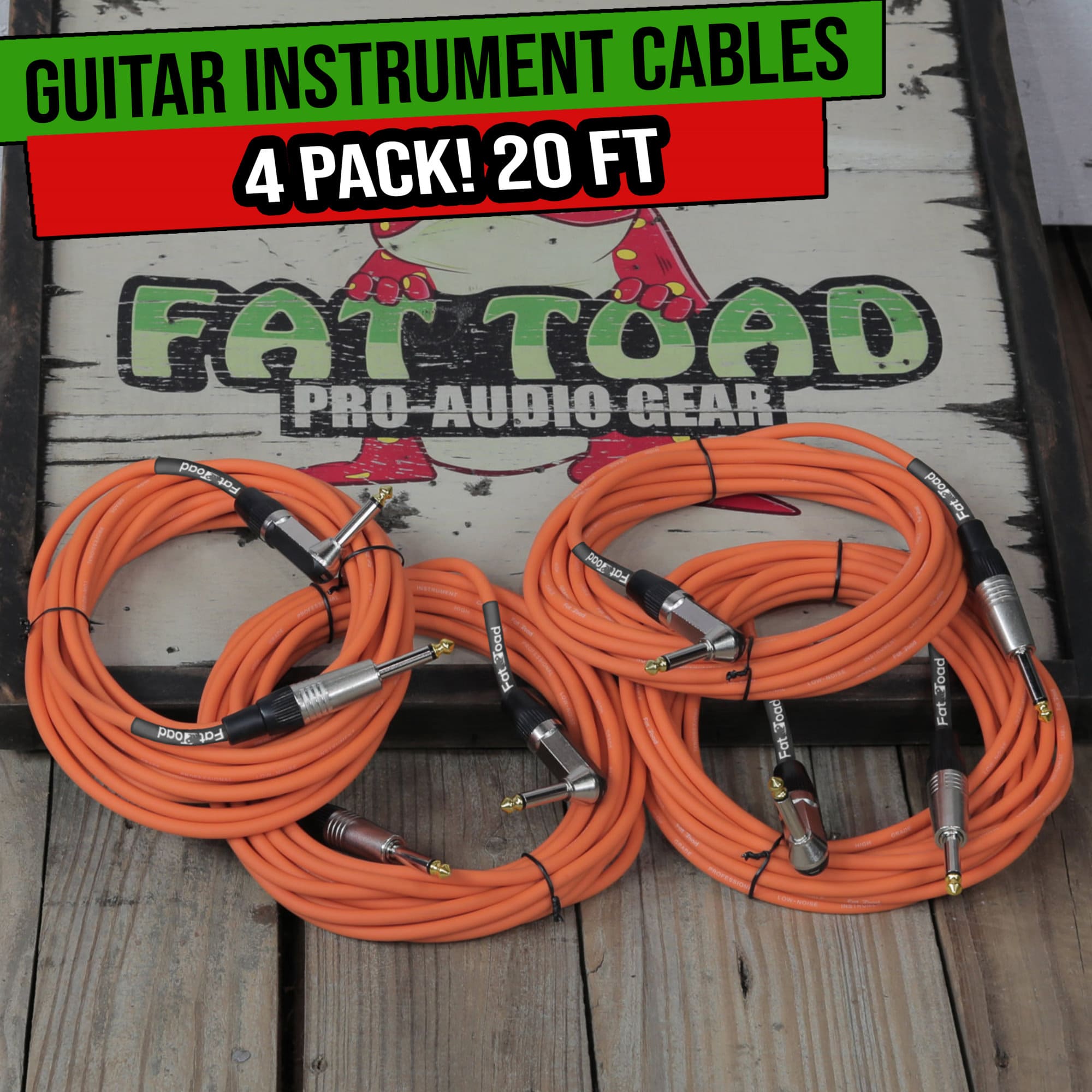 Guitar Cords (4 Pack) Right Angle Instrument Cable by FAT TOAD | 20FT 1/4 Inch Straight-End Wires for Electric Guitar, Bass, Keyboards & Music Sound Recording Studio | Shielded 24 AWG Patch Conductor GeekStands.com