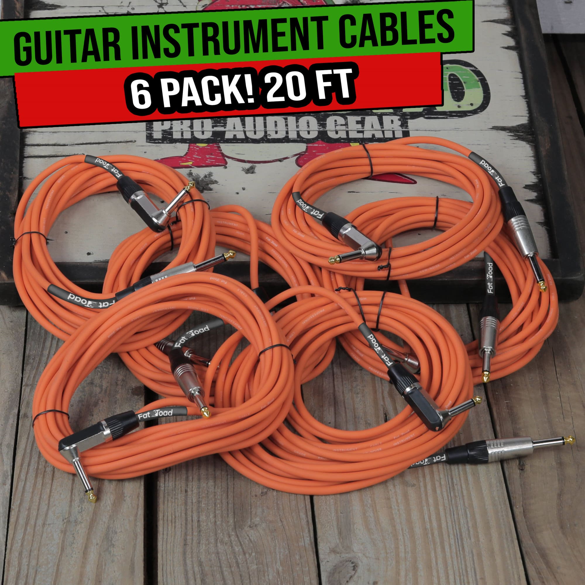 Guitar Cables (6 Pack) Right Angled Instrument Cord by FAT TOAD | 20FT 1/4 Quarter Inch Straight-End 20 GA Wires for Electric Guitar Pedal, Bass, Keyboards, Speaker Amplifier & Audio Studio Recording GeekStands.com