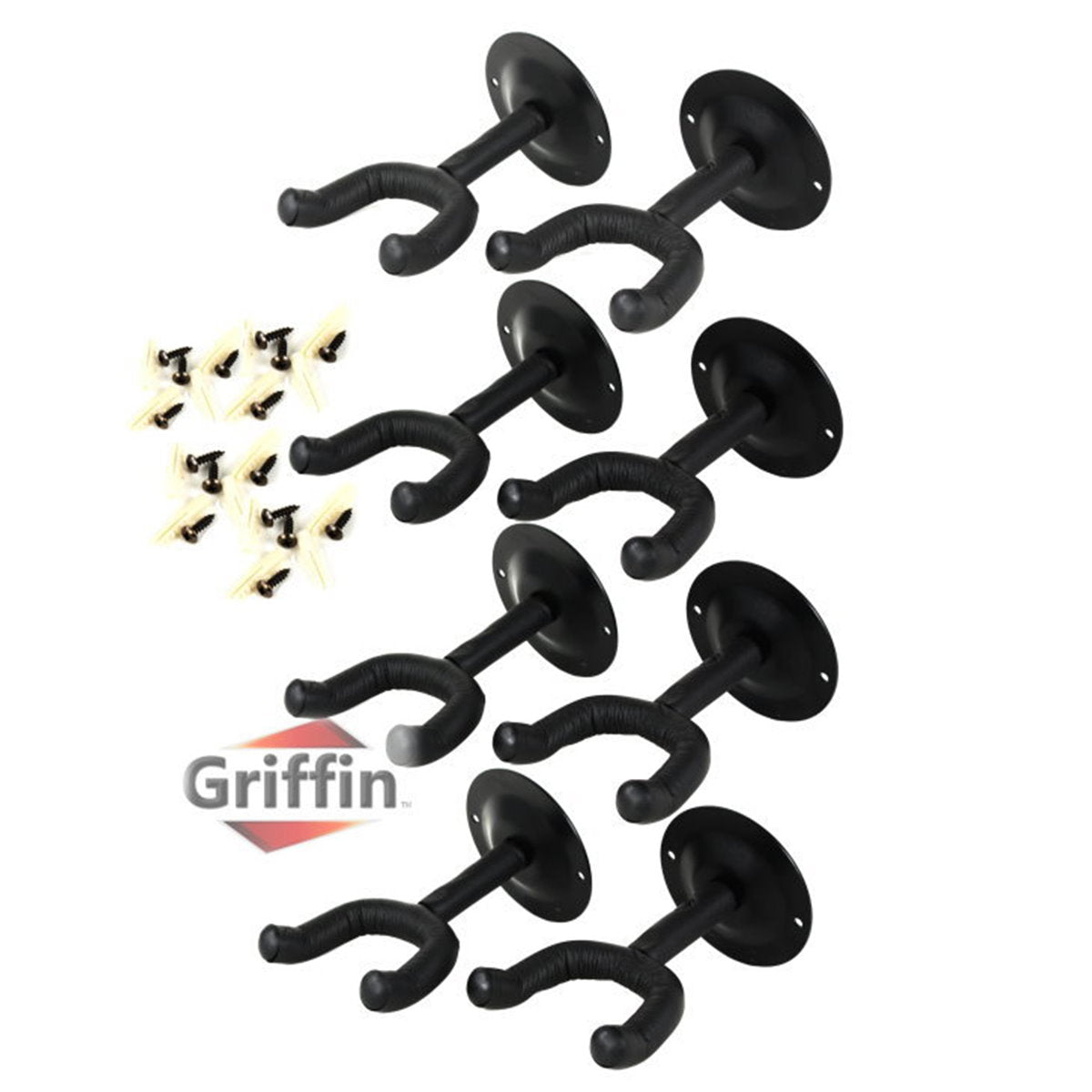 Guitar Wall Mount Hangers (Pack of 8) by Griffin - Hanging Hooks Mount, Neck Holders Set for Acoustic or Electric Guitar, Bass, Violin, Mandolin, Banjo | All Steel Music Instrument Display Stand GeekStands.com