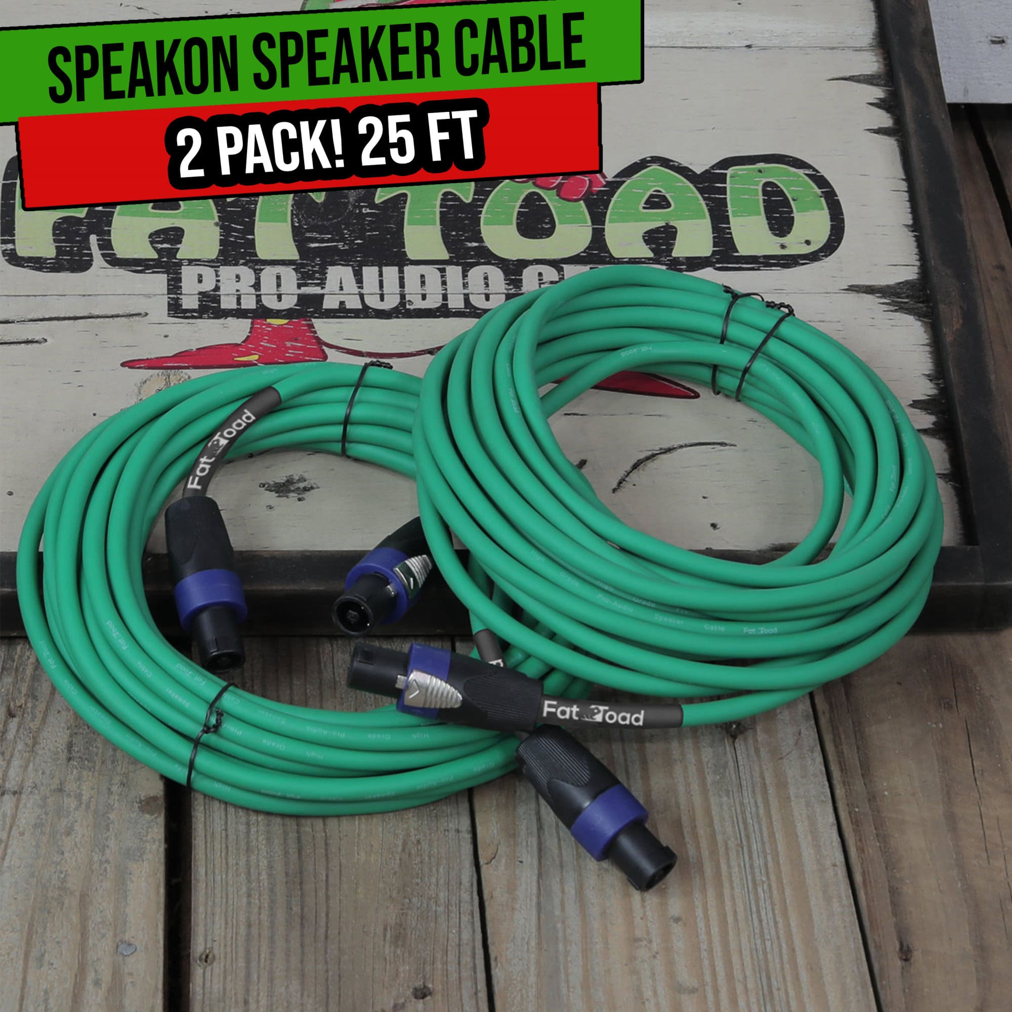 Speakon to Speakon Cables (2 Pack) by FAT TOAD | 25ft Professional DJ Pro Audio Green Speaker PA Cord with Twist Lock Connector | 12 AWG Wire for Impeccable Studio Recording & Stage Performance Gear GeekStands.com