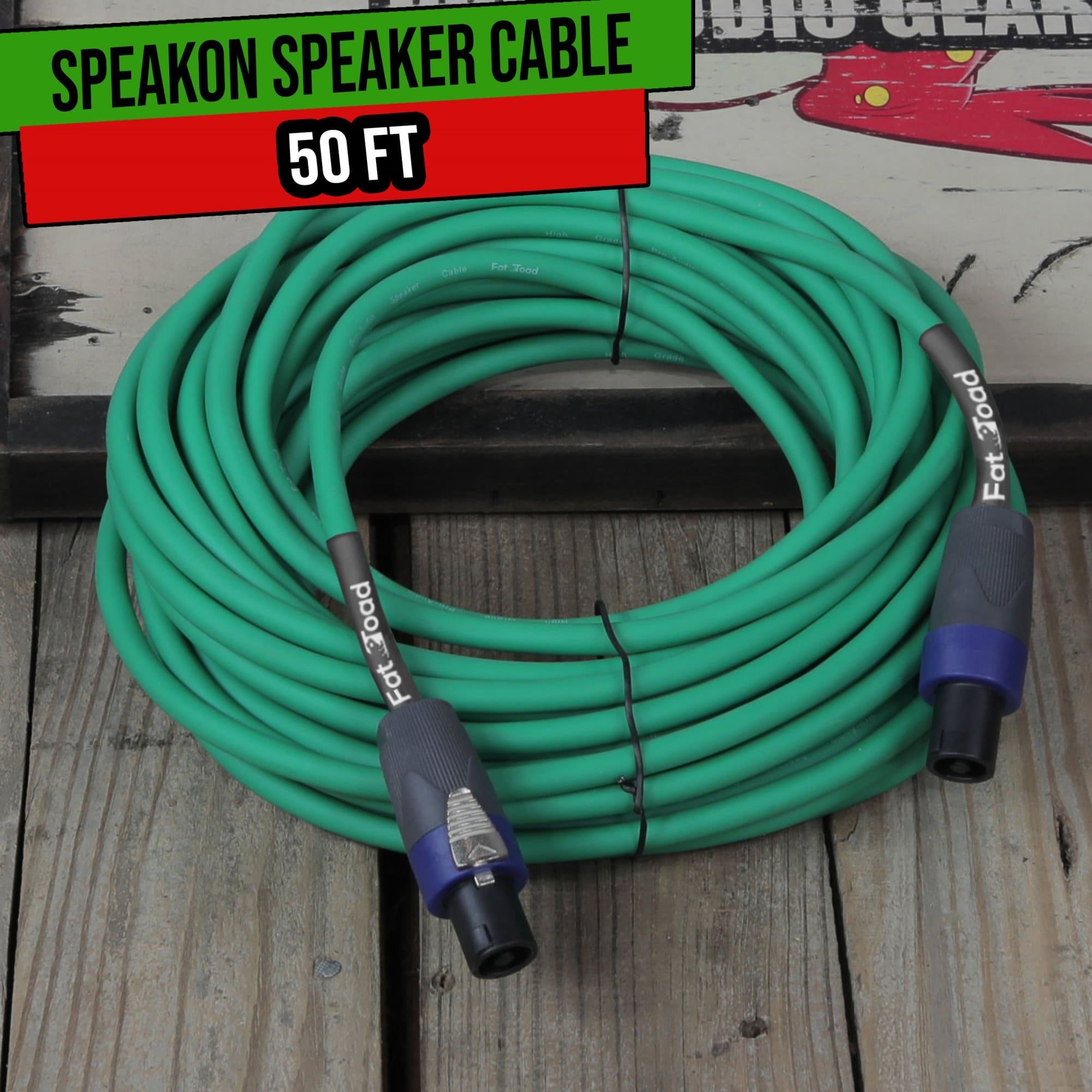 Speakon to Speakon Cable by FAT TOAD | 50ft Professional 12GA Pro Audio Green Speaker PA Cord with Twist Lock Connector | 12 AWG Wire for Impeccable Music Studio Recording & DJ Stage Performance Gear GeekStands.com