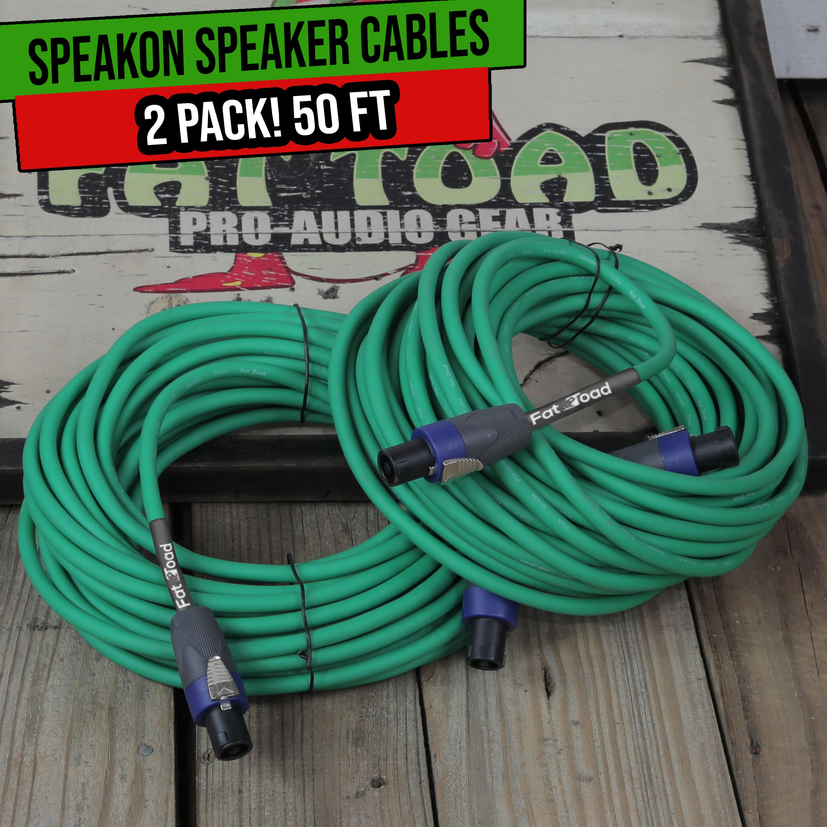 Speakon to Speakon Cables (2 Pack) by FAT TOAD | 50ft Professional Pro Audio Green Speaker PA Cord with Twist Lock Connector | 12 AWG Wire for Impeccable Studio Recording & DJ Stage Performance Gear GeekStands.com
