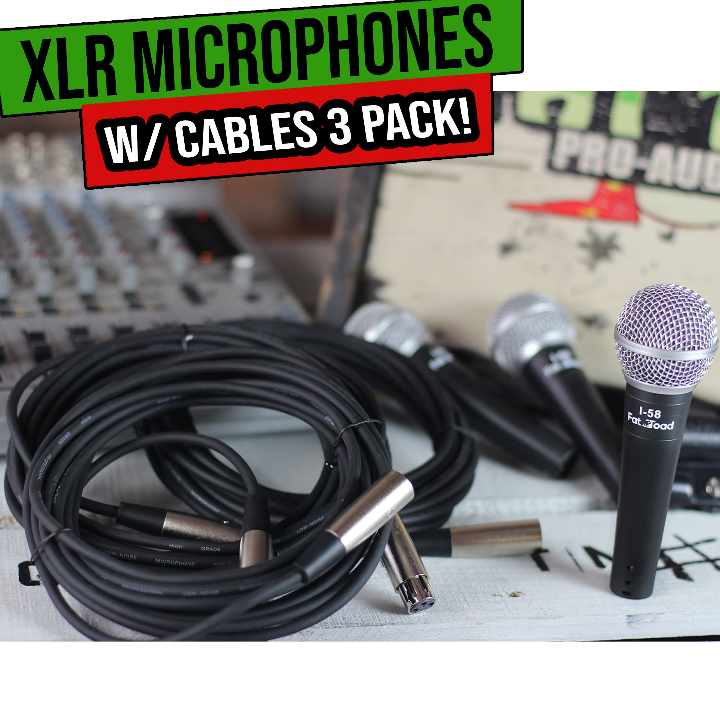 Dynamic Vocal Microphones with XLR Mic Cables & Clips (3 Pack) by FAT TOAD | Cardioid Handheld, Unidirectional for Home Music Studio Recording, Live Stage Singing, DJ Karaoke | Pro Audio 20ft Mic Cord GeekStands.com