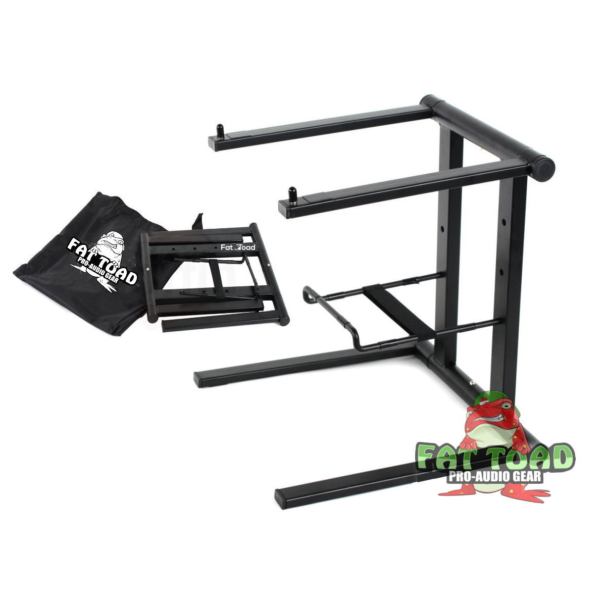 Folding DJ Laptop Stand with Sub-tray Shelf by FAT TOAD - Pro Audio Computer Table Top Rack Stand Mount for iPads, Mixer Controller & Tablets PC Gear GeekStands.com