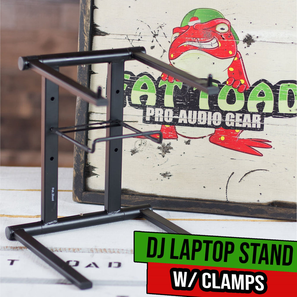 Folding DJ Laptop Stand with Sub-tray Shelf by FAT TOAD | Pro Audio Computer Table Top Rack Stand Mount for iPads, Mixer Controller & Tablets | Portable PC Gear Clamp Holder | Stage Booth, Home Office GeekStands.com