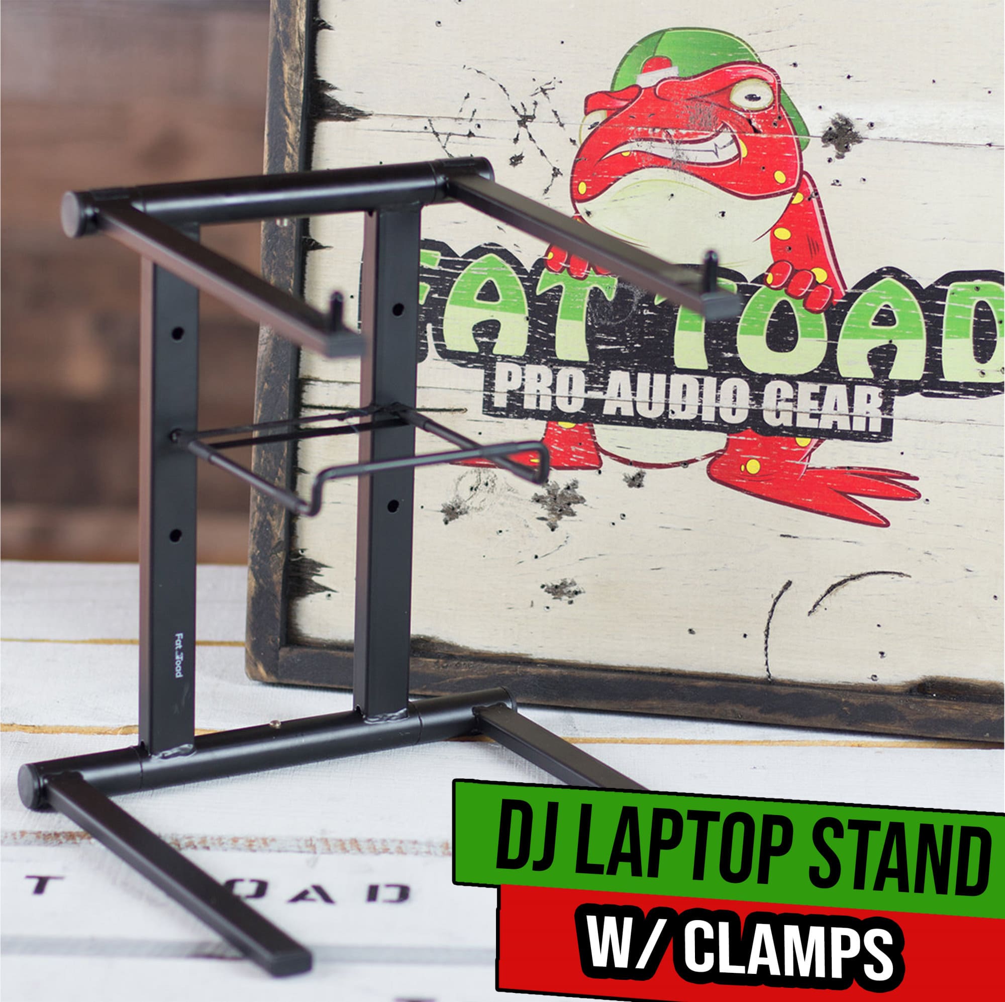 Folding DJ Laptop Stand with Sub-tray Shelf by FAT TOAD | Pro Audio Computer Table Top Rack Stand Mount for iPads, Mixer Controller & Tablets | Portable PC Gear Clamp Holder | Stage Booth, Home Office GeekStands.com