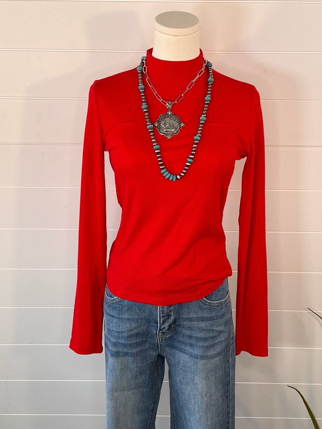 La Miel Ribbed Long Sleeve Mock Neck Western Basics Top — Layering Staple (4 Colors: Red, Teal, Black, Brown) Cowhide and Conchos