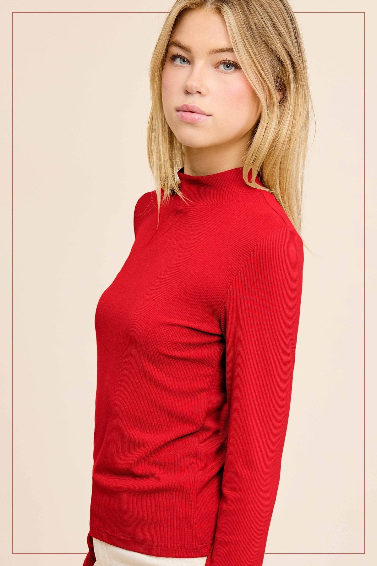La Miel Ribbed Long Sleeve Mock Neck Western Basics Top — Layering Staple (4 Colors: Red, Teal, Black, Brown) Cowhide and Conchos