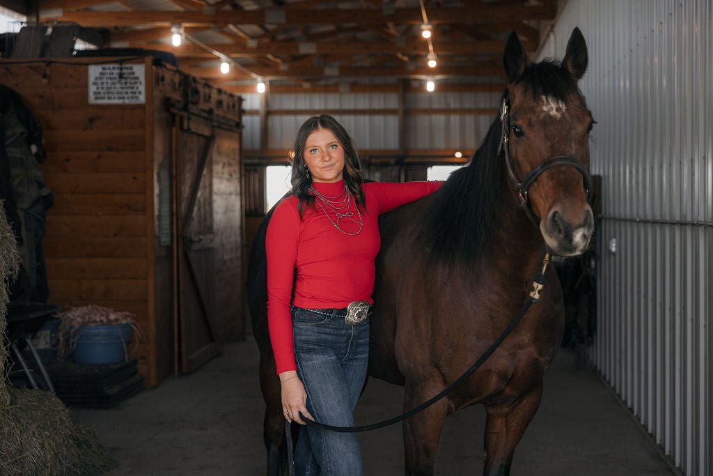 La Miel Ribbed Long Sleeve Mock Neck Western Basics Top — Layering Staple (4 Colors: Red, Teal, Black, Brown) Cowhide and Conchos