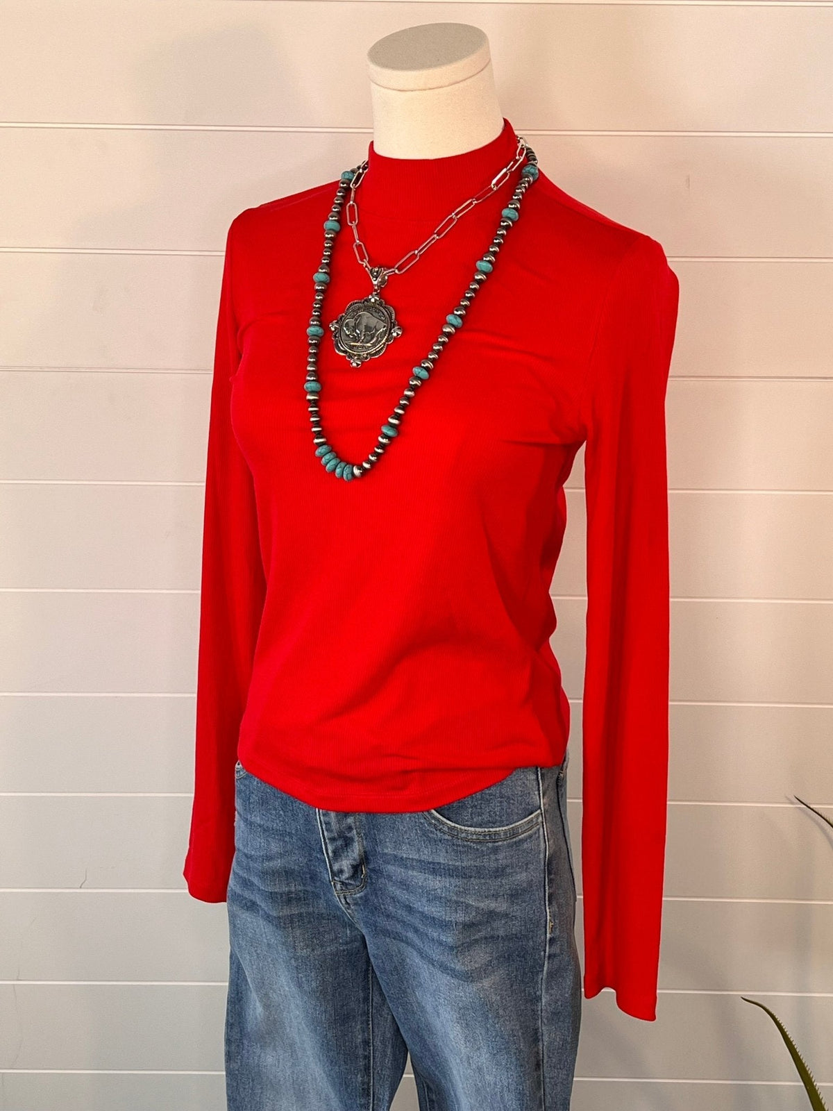La Miel Ribbed Long Sleeve Mock Neck Western Basics Top — Layering Staple (4 Colors: Red, Teal, Black, Brown) Cowhide and Conchos