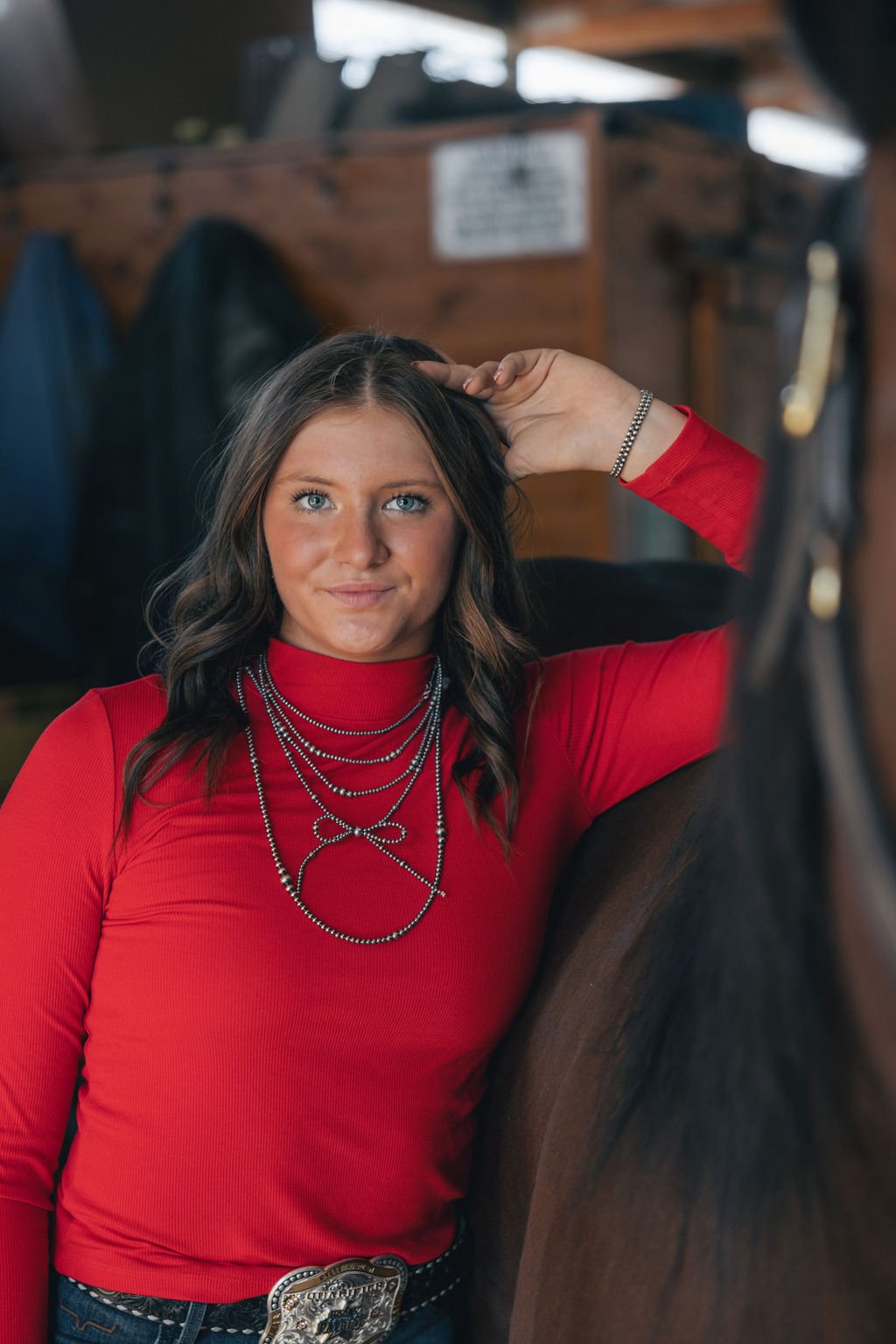 La Miel Ribbed Long Sleeve Mock Neck Western Basics Top — Layering Staple (4 Colors: Red, Teal, Black, Brown) Cowhide and Conchos