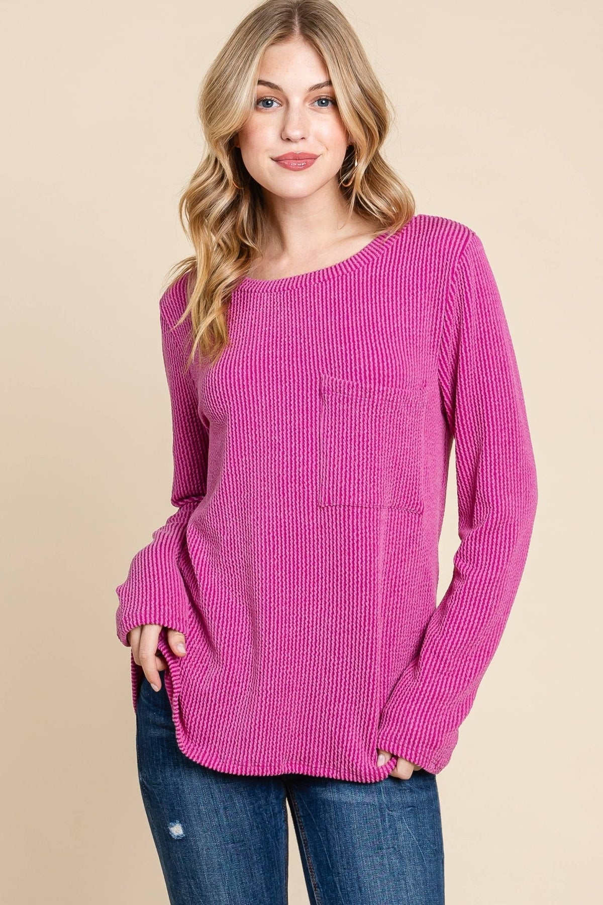 BOMBOM Western Ribbed Top with Pocket — Pumpkin & Fuchsia Cozy Crewneck Made in USA Cowhide and Conchos